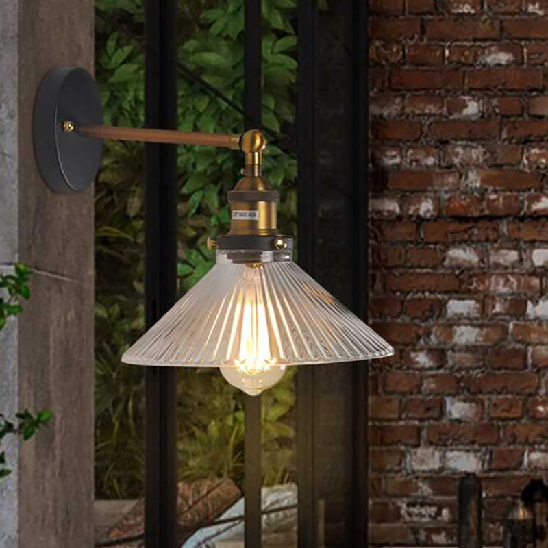 Industrial Elegance: Brass Cone Wall Sconce with Clear Ribbed Glass