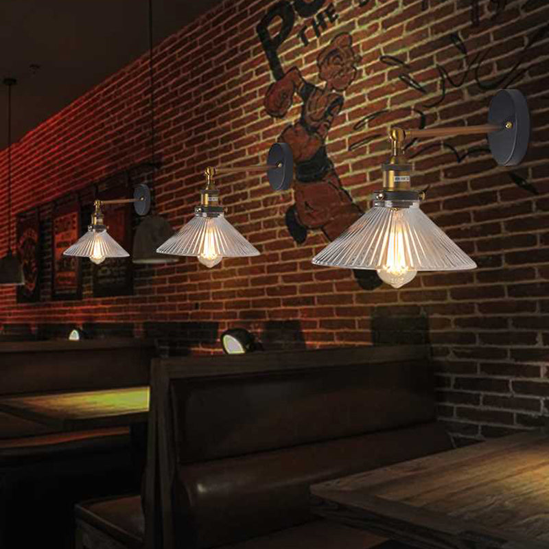 Industrial Elegance: Brass Cone Wall Sconce with Clear Ribbed Glass