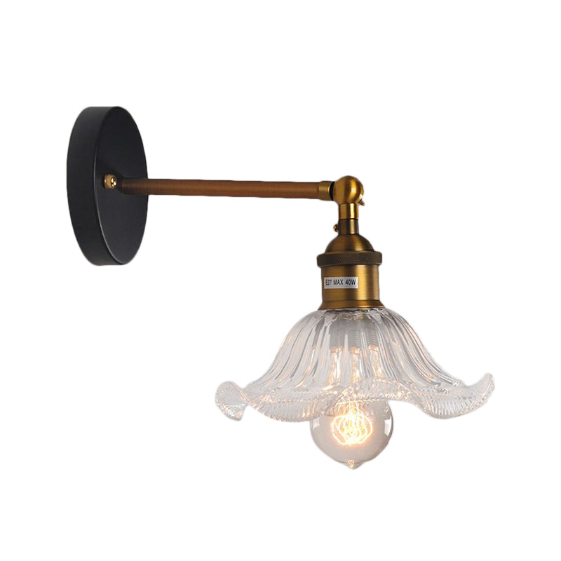 Industrial Elegance: Brass Cone Wall Sconce with Clear Ribbed Glass