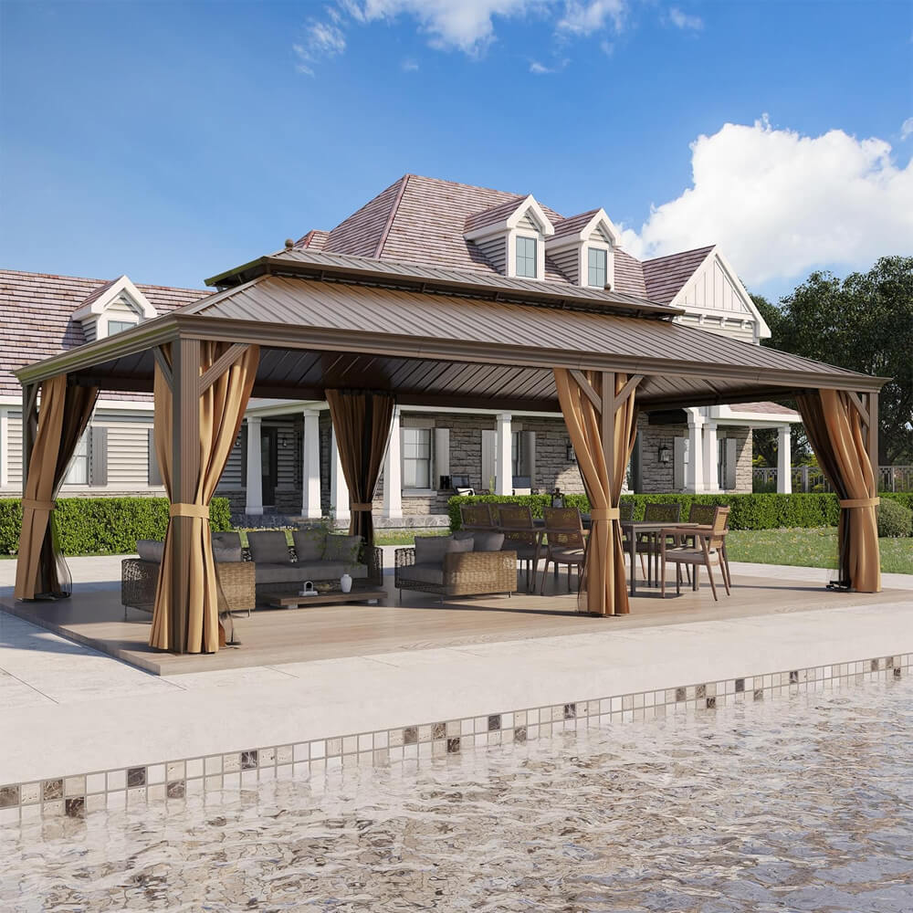 [14X24FT] Alora Heavy-Duty Aluminum Galvanized Steel Double Roof Hardtop Gazebo With Netting And Curtains (SAK41853)