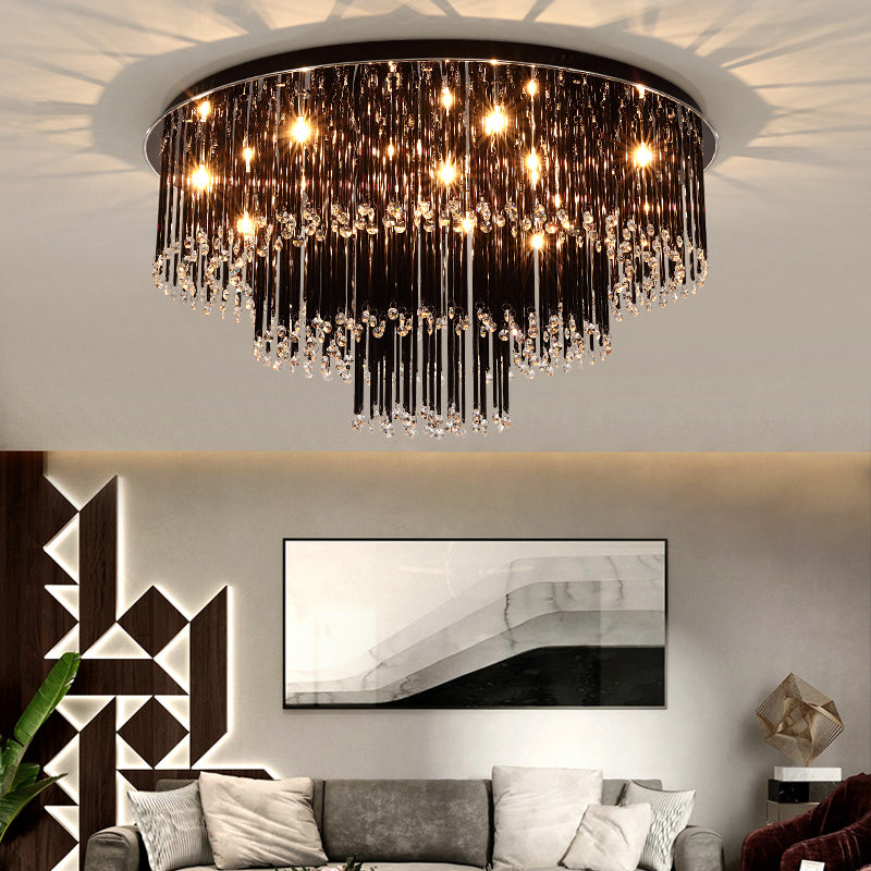 Modern Black Crystal Flush Mount Chandelier, Tiered Design, 8/10 Bulbs, for Bedroom