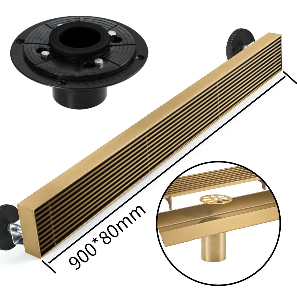 Brushed gold Linear shower drain stainless steel material 35.4 inch with grid cover with hair strainer and adjustment feet