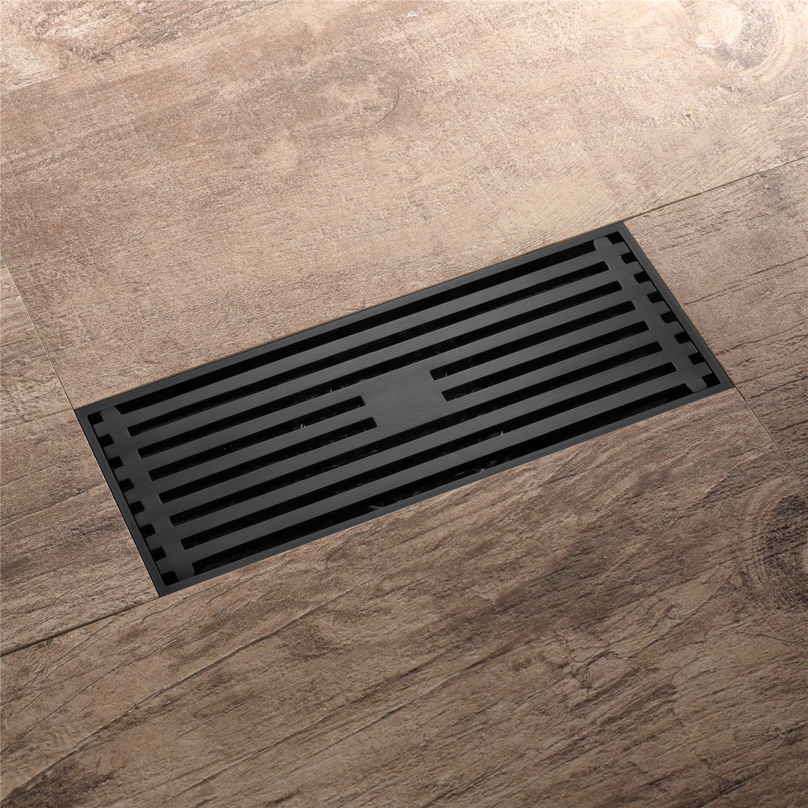 8 Inch Shower Linear Matte black Drain Rectangular Floor Drain with Accessories Square Hole Pattern Cover Grate Removable Matte Black Brass