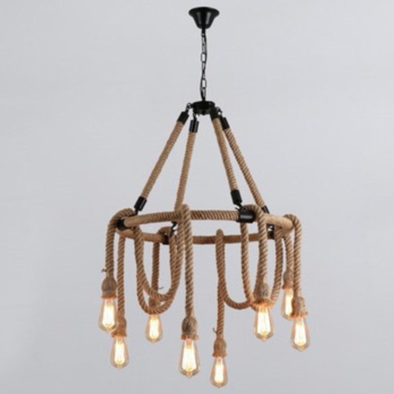 Embrace Exposed Bulb Elegance: The Antiqued Beige Hemp Rope Chandelier