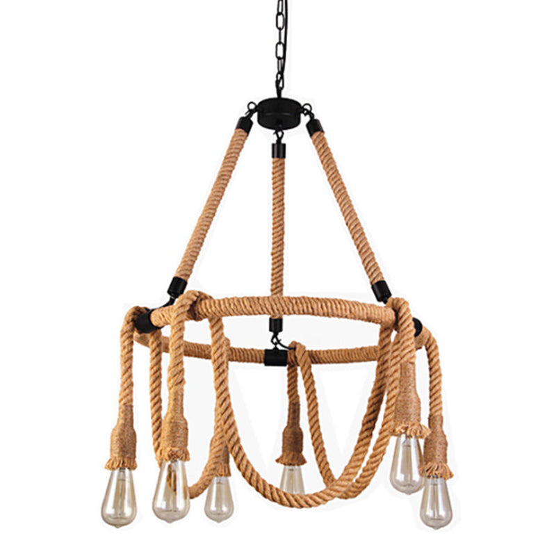Embrace Exposed Bulb Elegance: The Antiqued Beige Hemp Rope Chandelier
