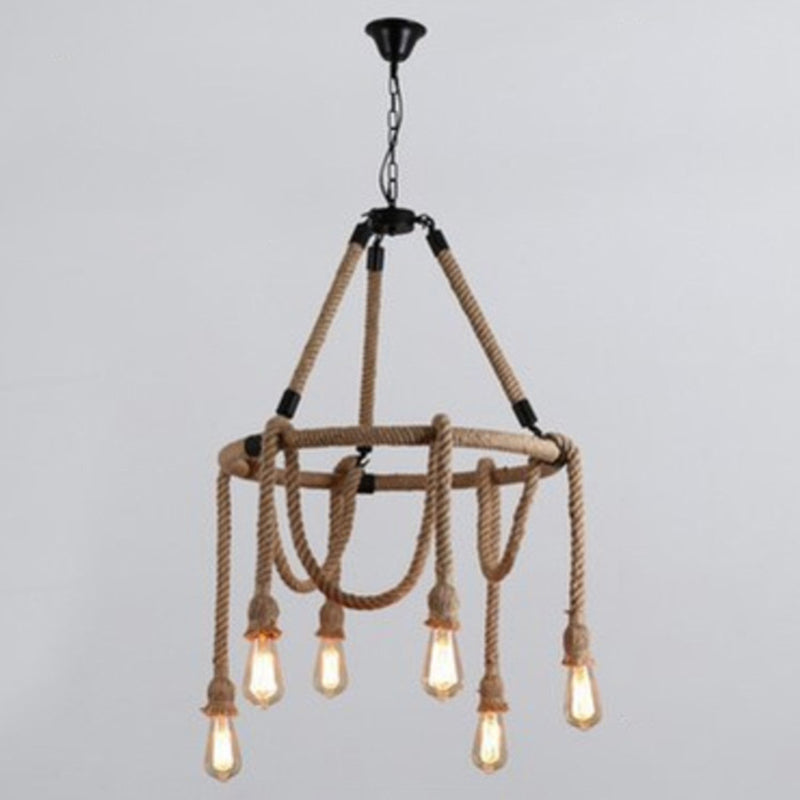 Embrace Exposed Bulb Elegance: The Antiqued Beige Hemp Rope Chandelier