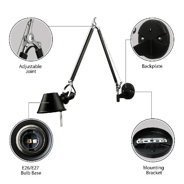 Retro Swing Arm Wall Lamp with Metallic Finish and Tapered Design - Ideal for Study Room Lighting