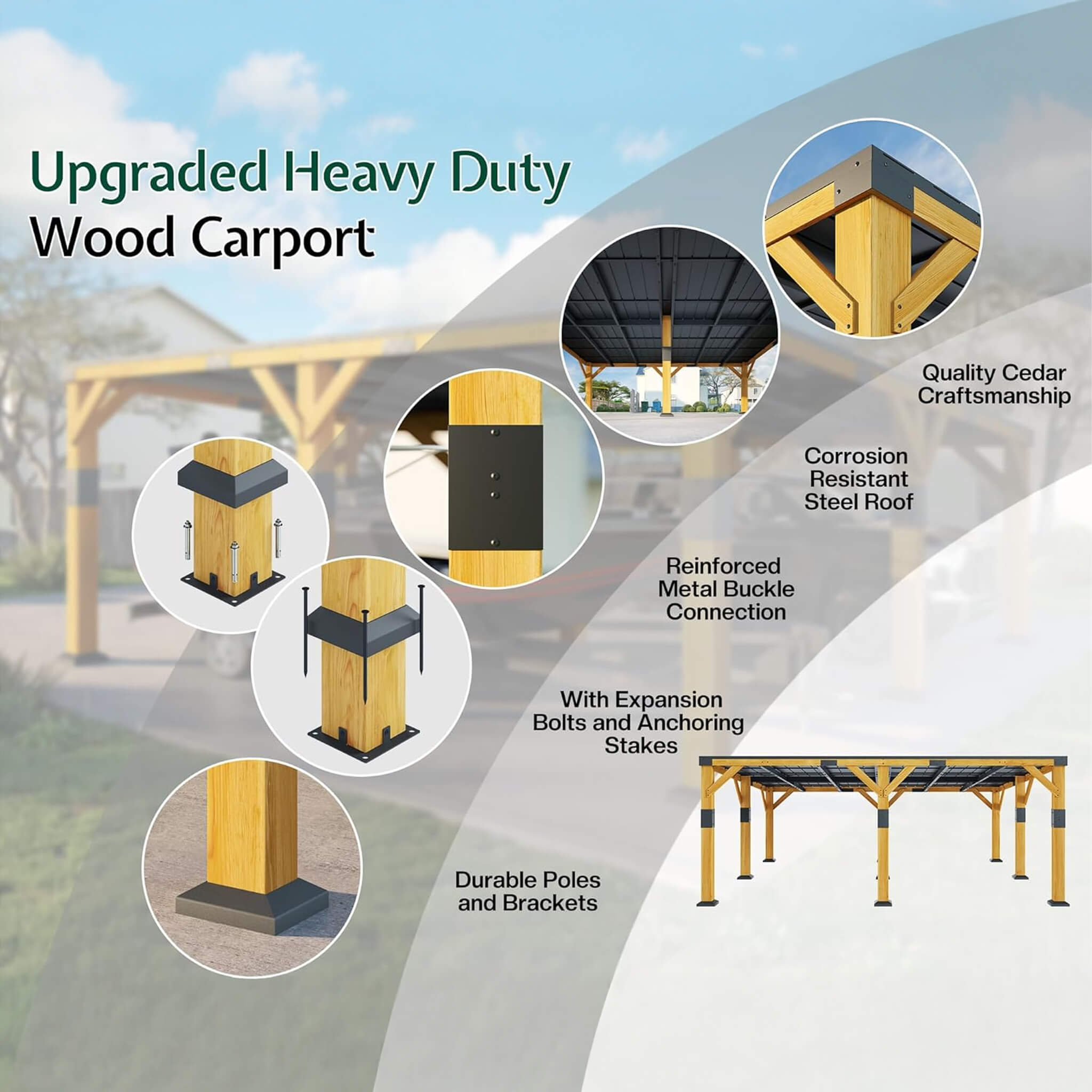 [20X20FT] Alora Heavy-Duty All-Weather Outdoor Cedar Wood Carport With Galvanized Steel Roof (SAK76145)