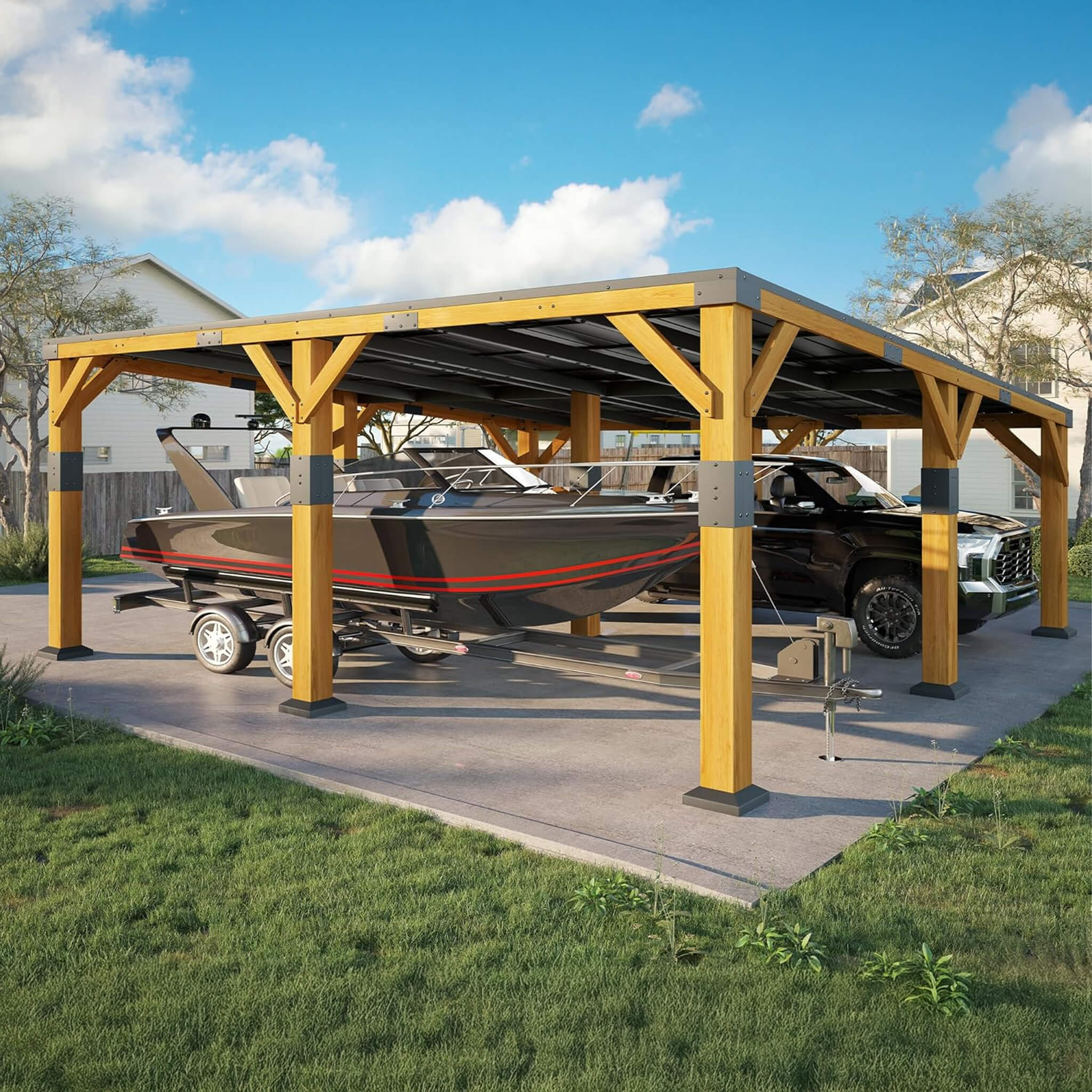 [20X20FT] Alora Heavy-Duty All-Weather Outdoor Cedar Wood Carport With Galvanized Steel Roof (SAK76145)