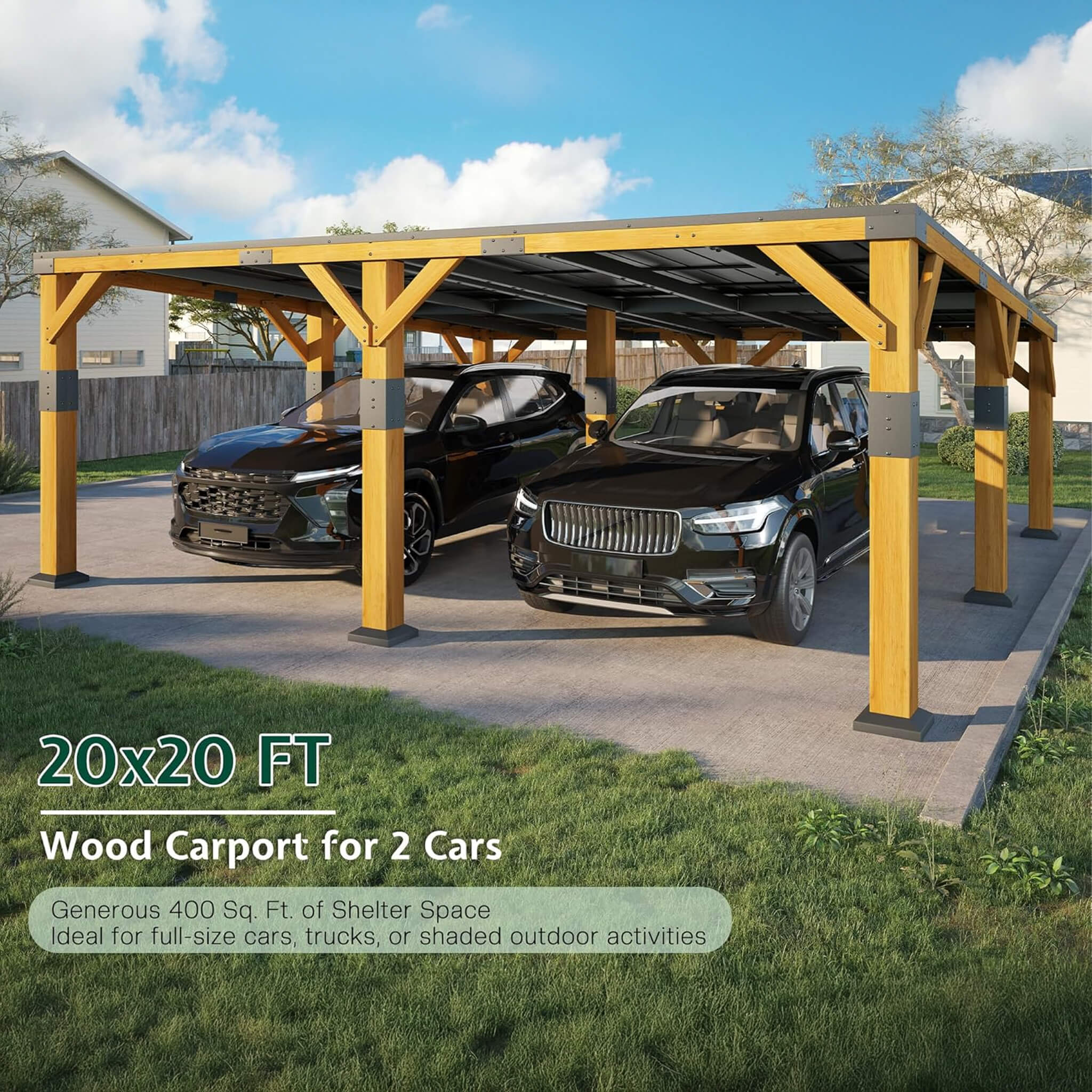 [20X20FT] Alora Heavy-Duty All-Weather Outdoor Cedar Wood Carport With Galvanized Steel Roof (SAK76145)