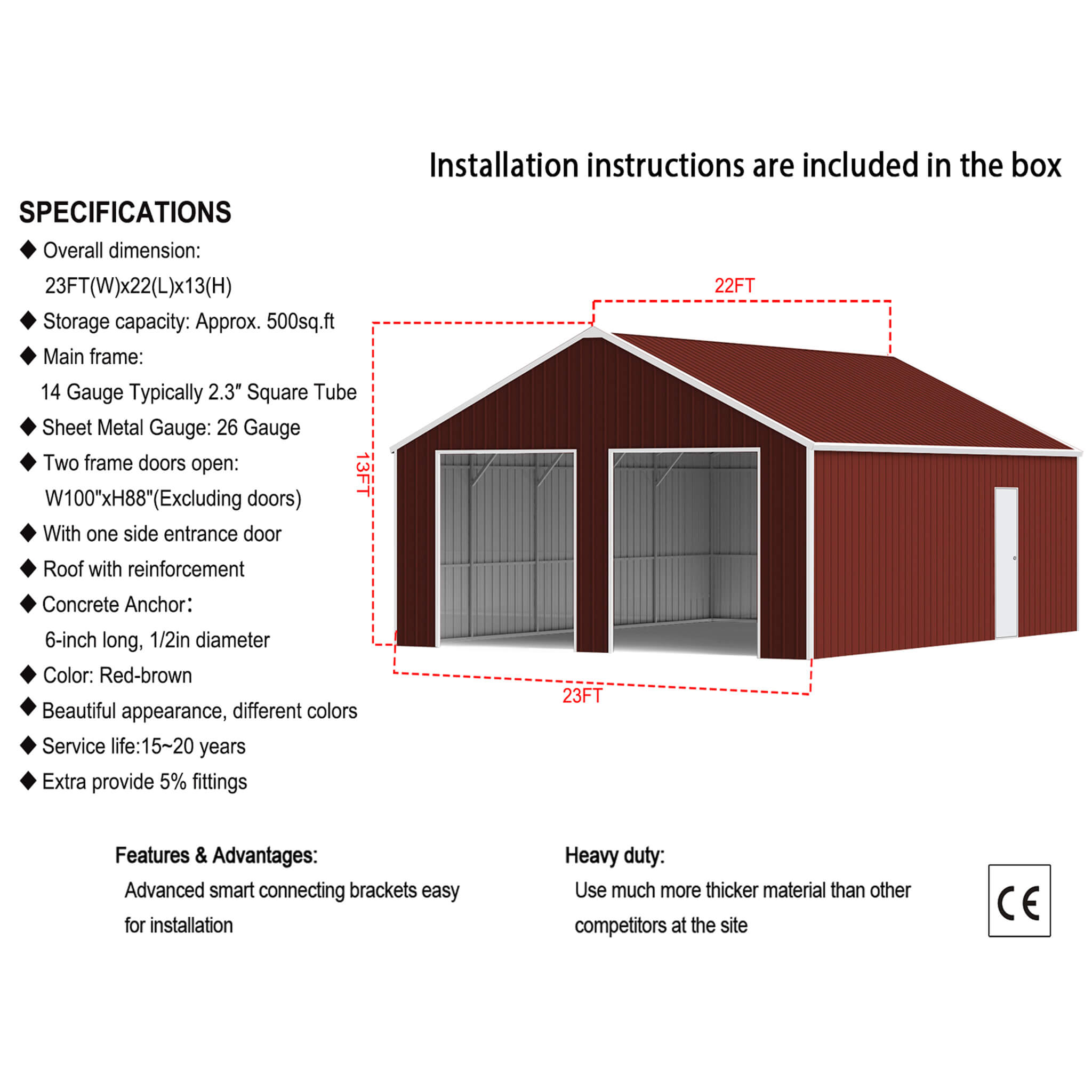 [22X23FT] Heavy-Duty Red-Brown Double Garage Steel Barn Storage Shed (SAK83456)