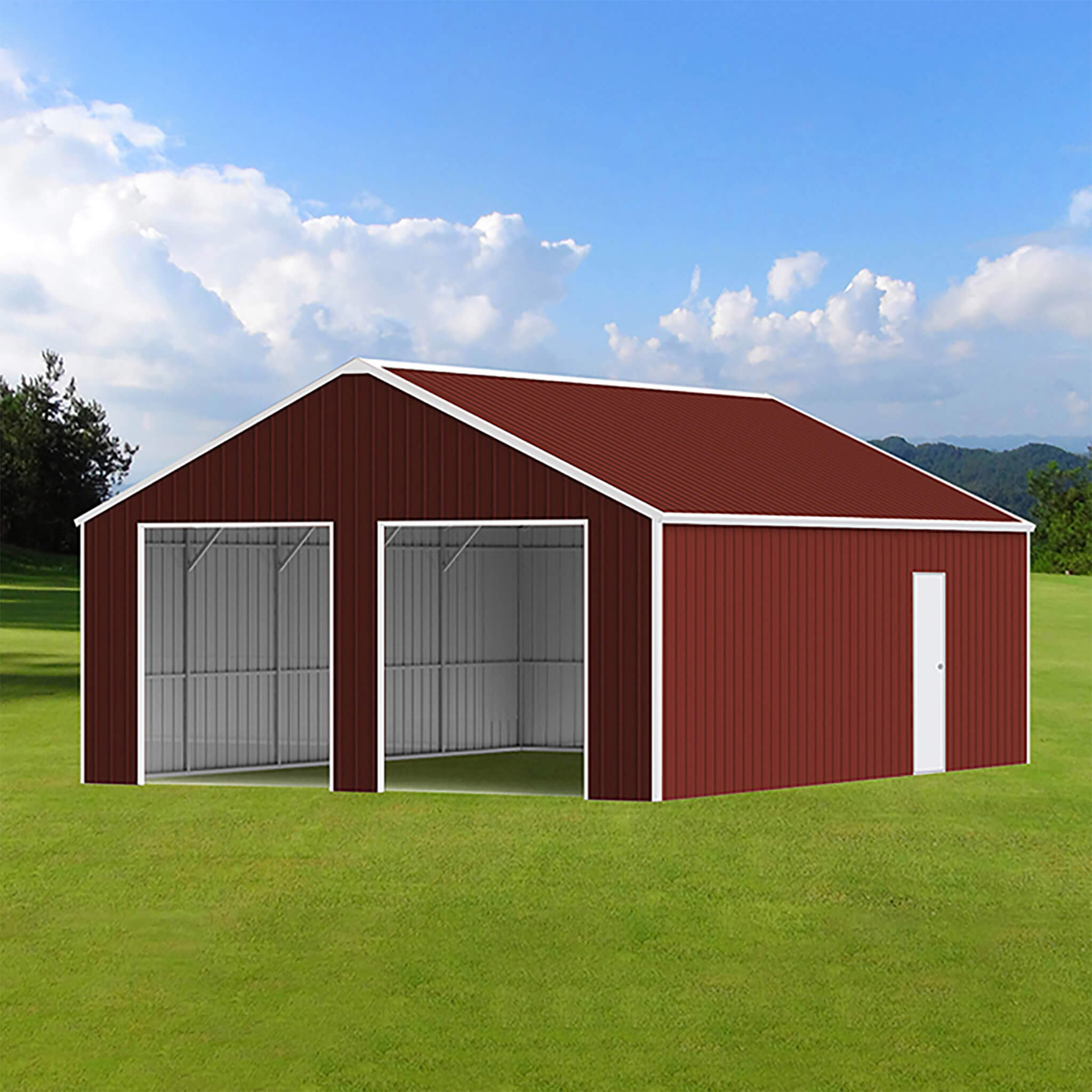 [22X23FT] Heavy-Duty Red-Brown Double Garage Steel Barn Storage Shed (SAK83456)
