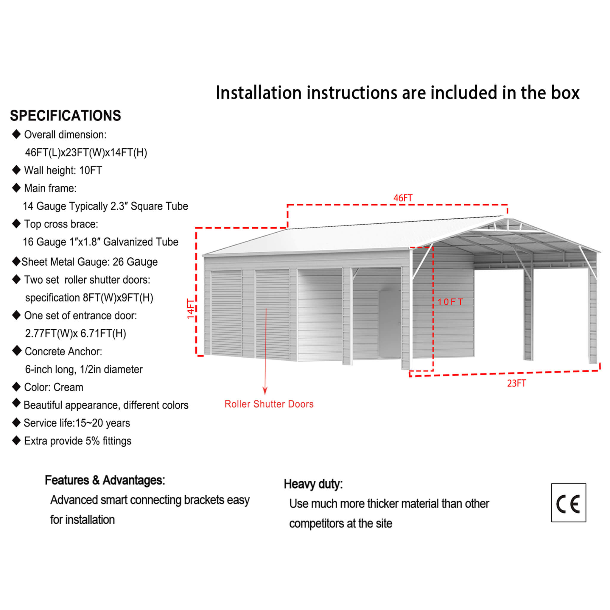 [23X46FT] Heavy-Duty Steel Garage Storage Shed With Reinforced Roof And 2 Doors (SAK29384)