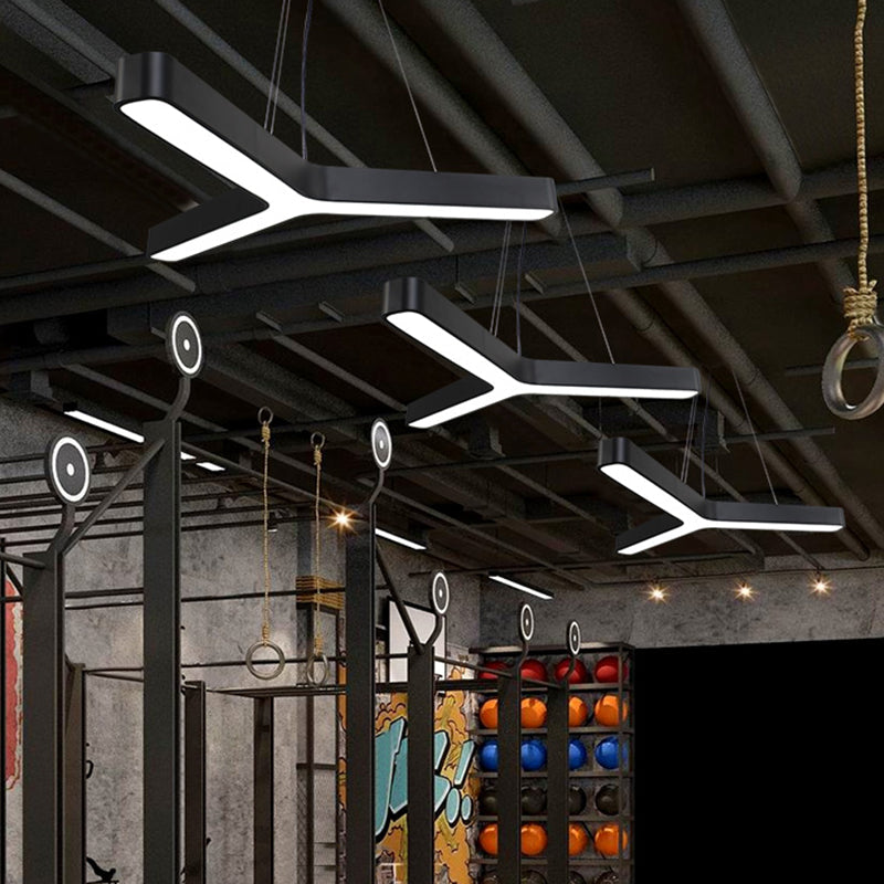 Sleek Metal Y-Shaped LED Pendant Lamp - Black & Silver, Perfect for Gymnasiums (23.5" - 47")