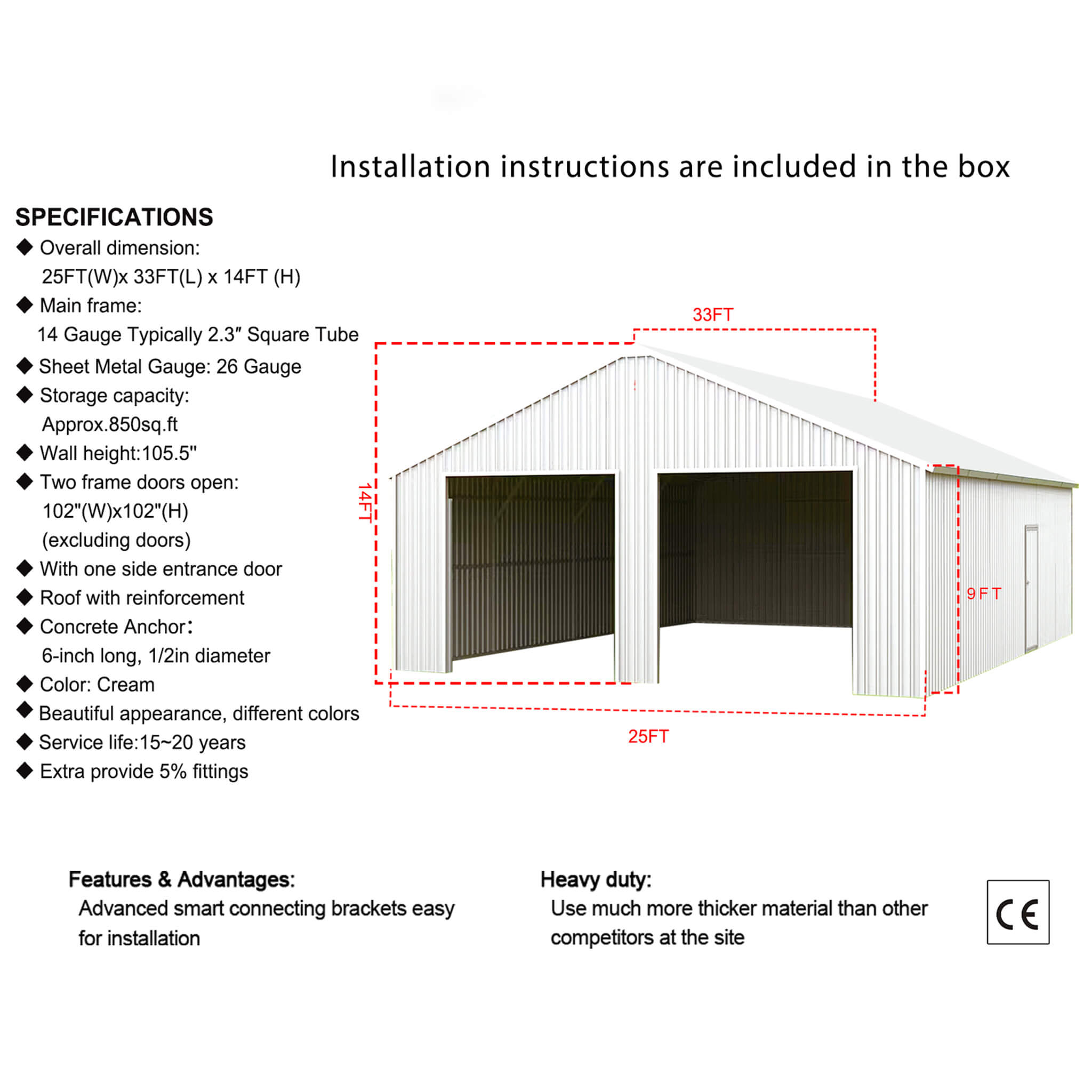 [25X33FT] Heavy-Duty Double Garage Galvanized Steel Barn Shed (SAK61234)