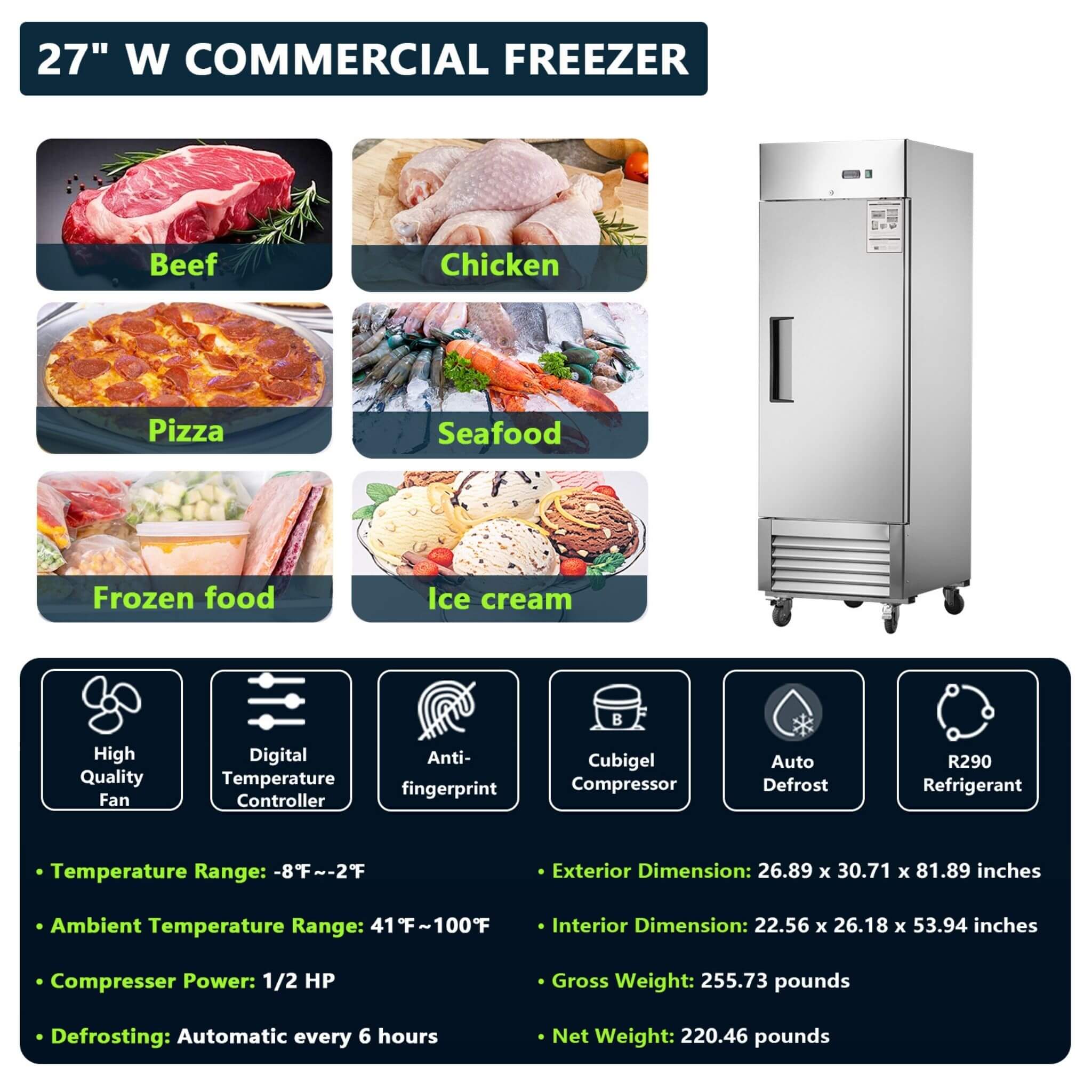 Heavy-Duty 27-Inch 8.7 Cu.Ft Commercial Upright Stainless Steel Reach-In Freezer (SAK43815)