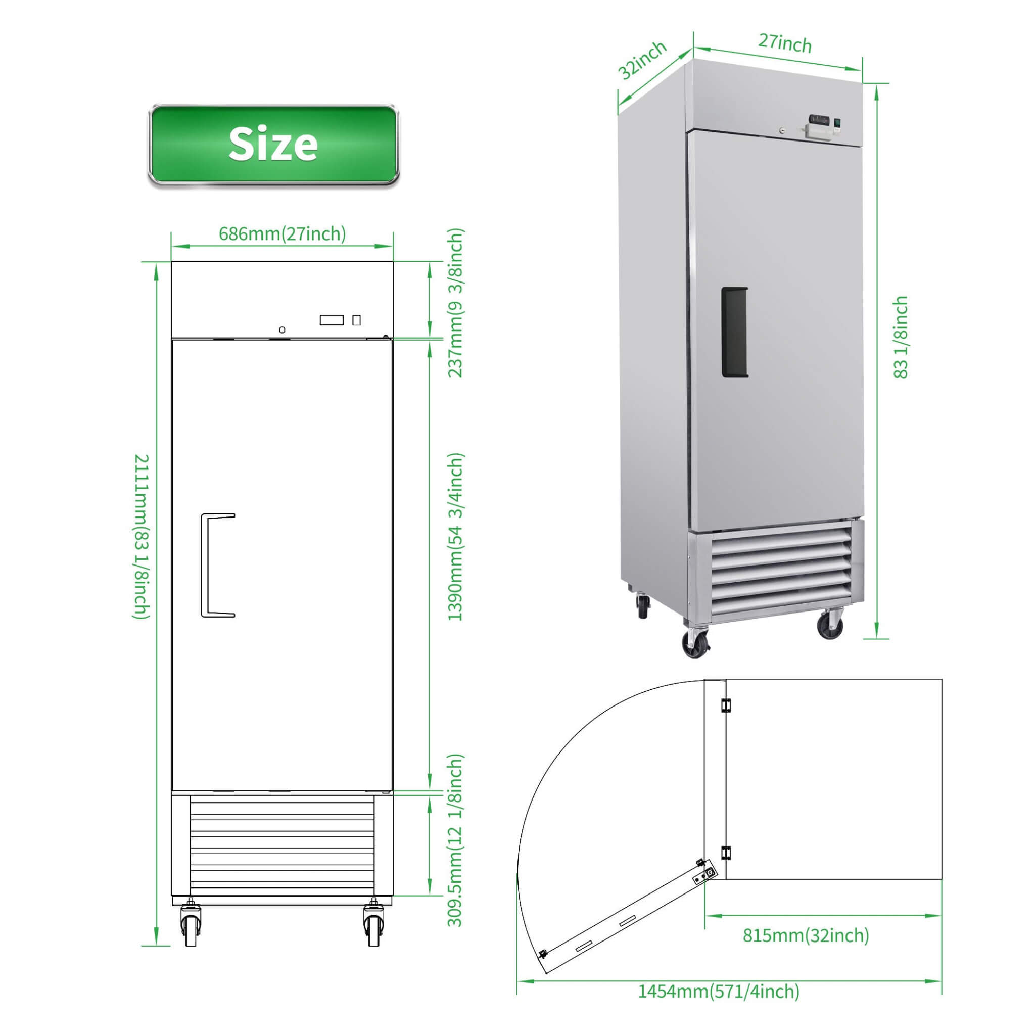 27-Inch Commercial 23 Cu.Ft Reach-In Stainless Steel Freezer (SAK96352)
