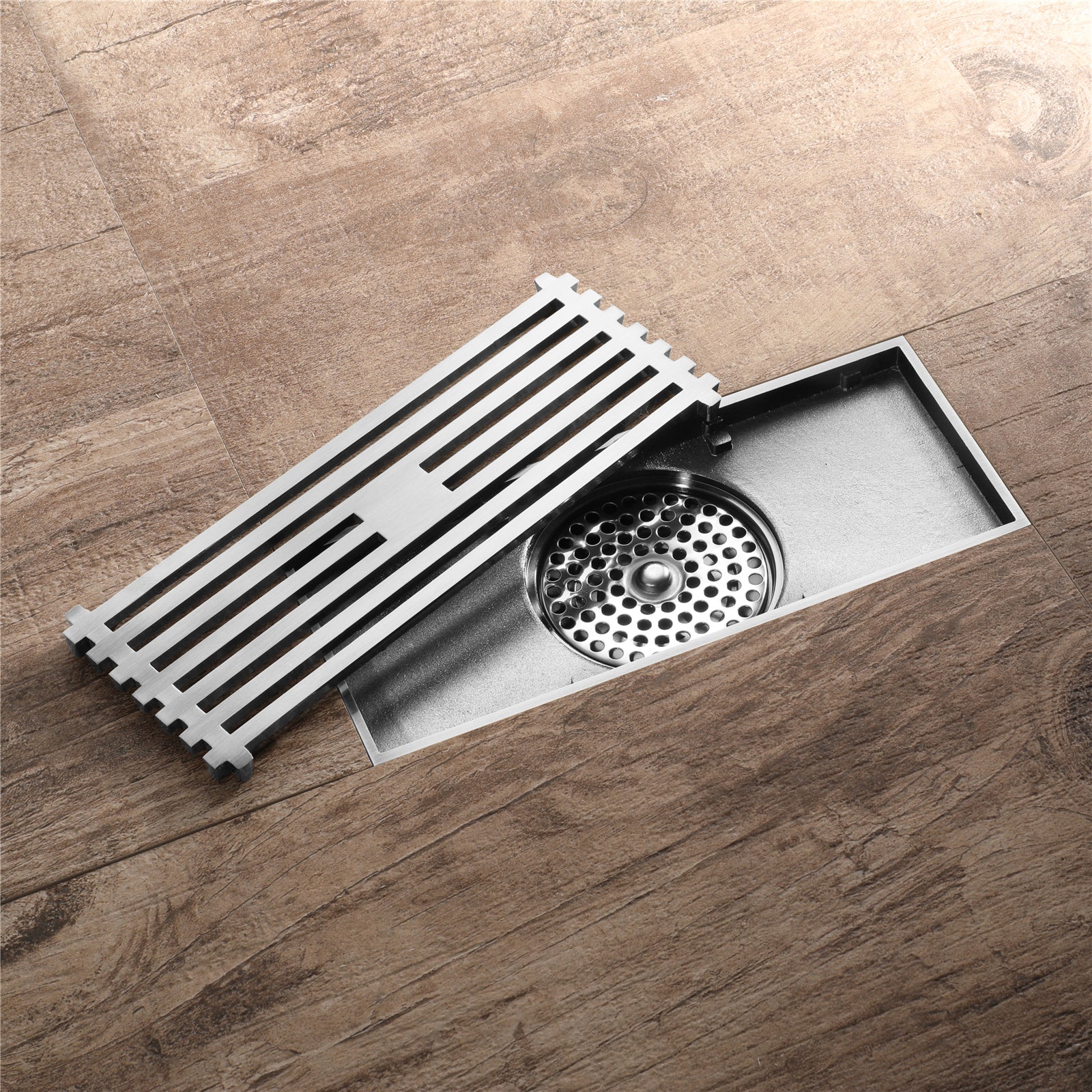 8 Inch Shower Linear Brushed Nickel Drain Rectangular Floor Drain with Accessories Square Hole Pattern Cover Grate Removable Brushed Nickel Brass