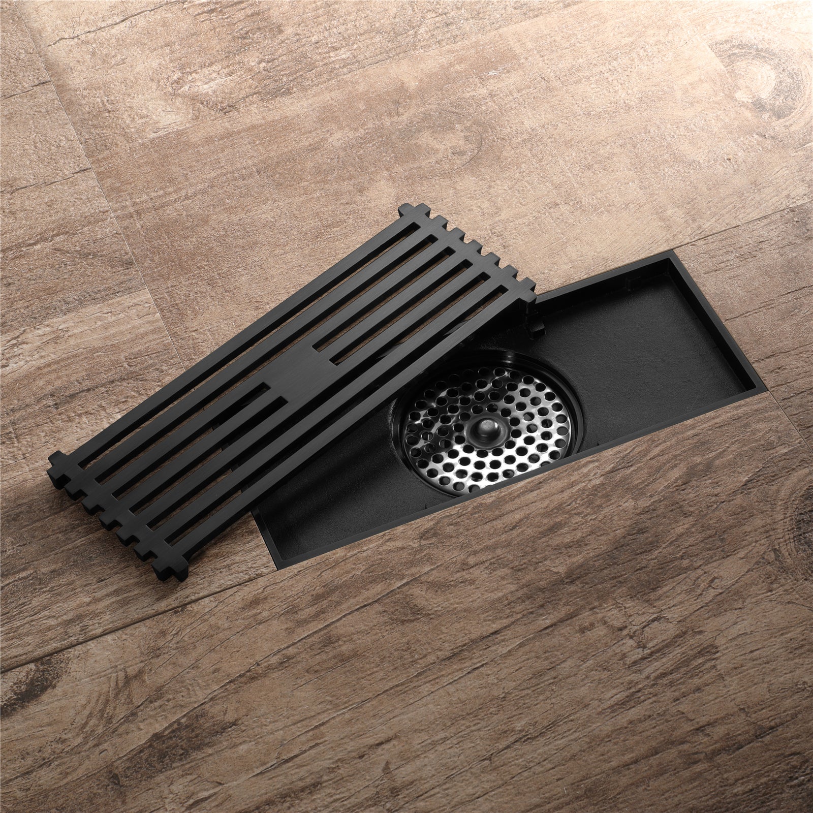 8 Inch Shower Linear Matte black Drain Rectangular Floor Drain with Accessories Square Hole Pattern Cover Grate Removable Matte Black Brass