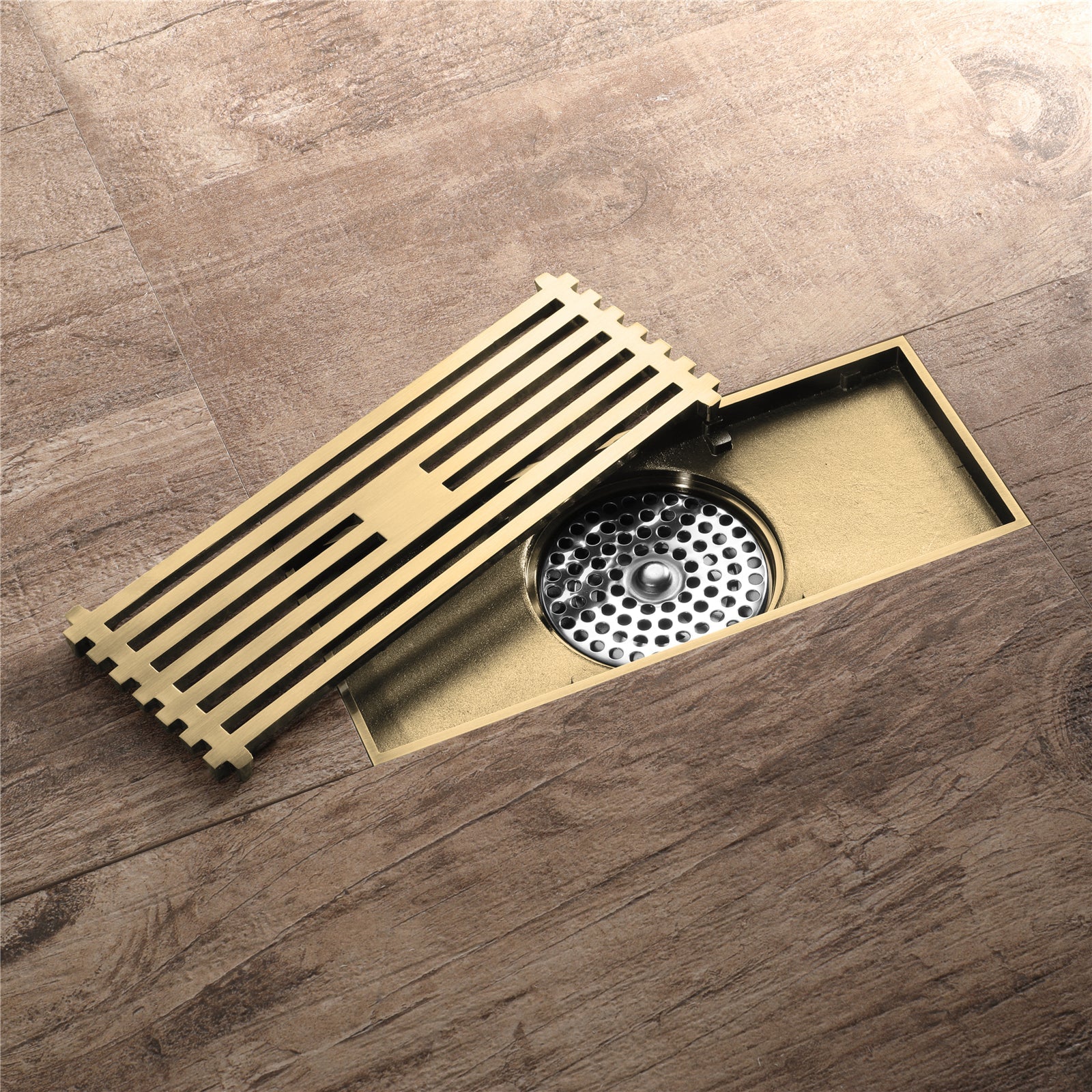 8 x3 Inch or 4 x 4 inch Shower Linear Brushed Gold Drain Rectangular Floor Drain with Accessories Square Hole Pattern Cover Grate Removable  Brushed Gold Brass