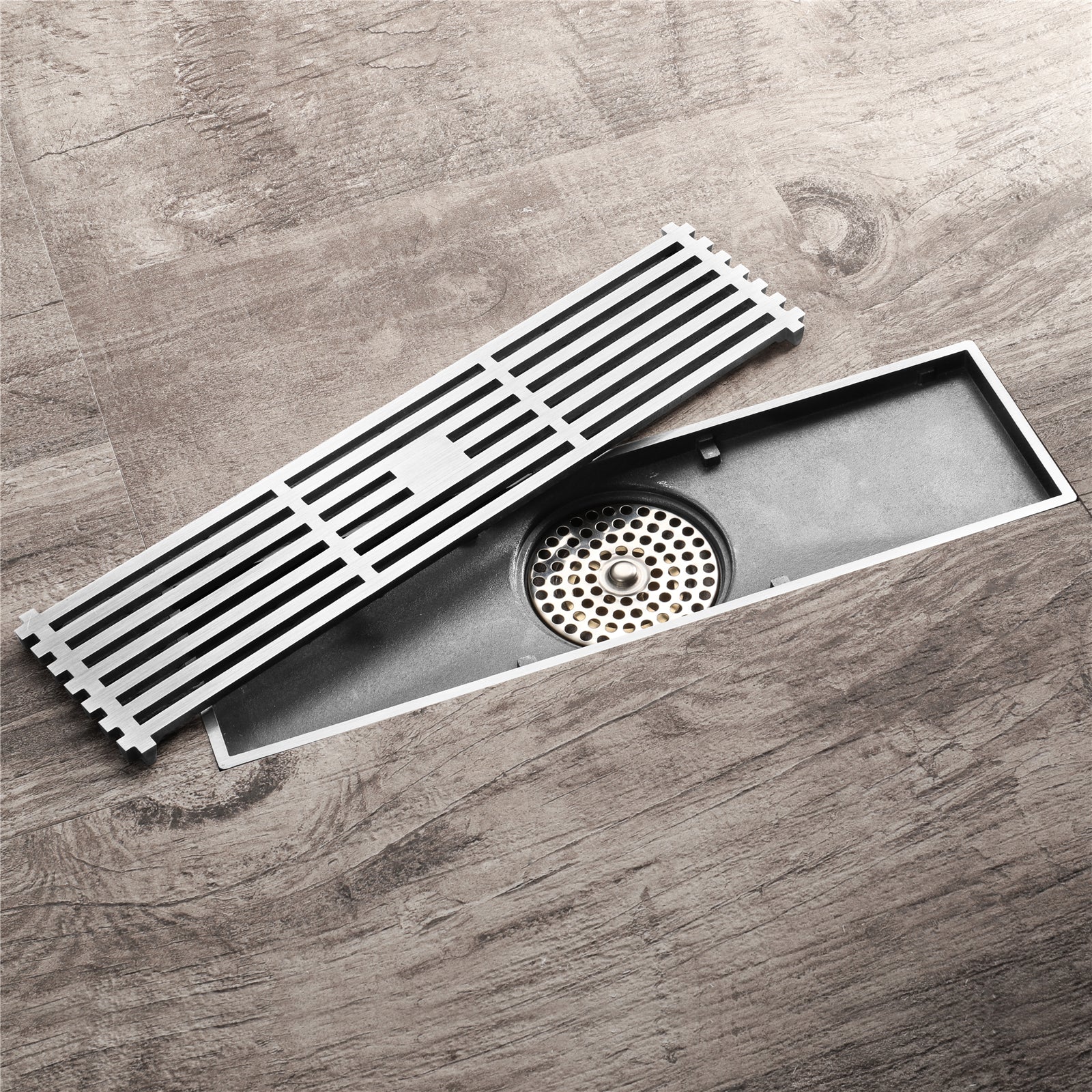12-Inch Matte Black Rectangular Floor Drain - Square Hole Pattern Cover Grate - Removable - Includes Accessories