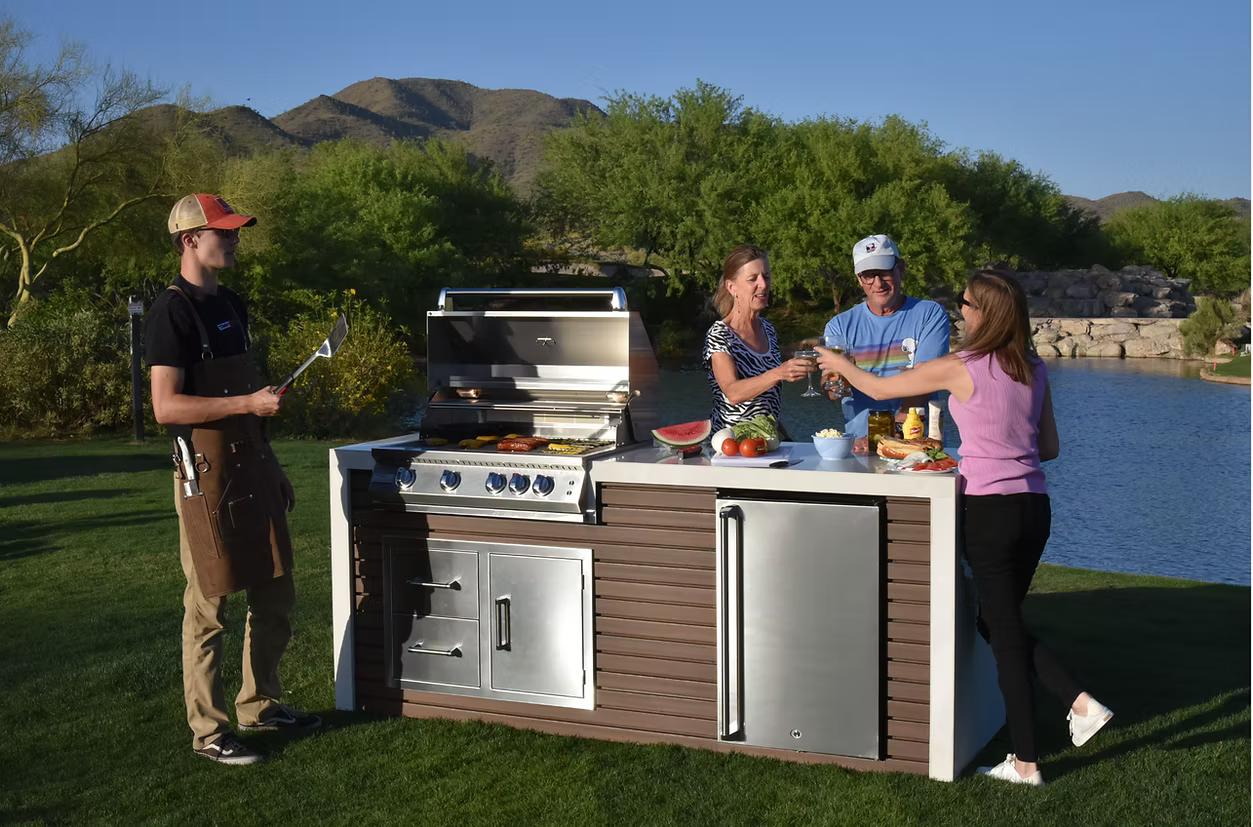 Professional Shiplap Outdoor Kitchen KoKoMo Grill With Waterfall Edge