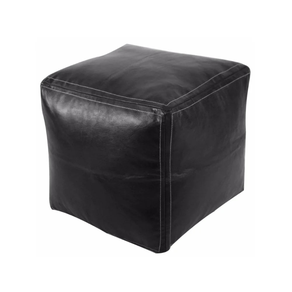 Black Square Moroccan Leather Pouf – Handmade Goatskin Ottoman