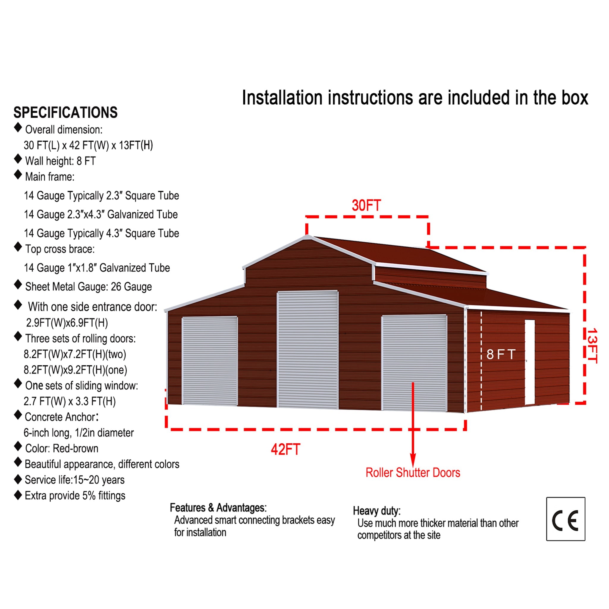[30X42FT] Heavy-Duty All-Weather 3-Garage Galvanized Steel Storage Shed (SAK18765)