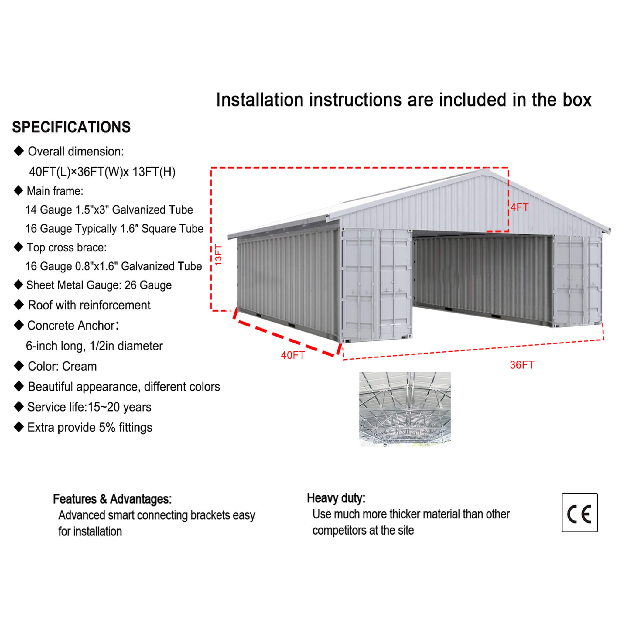 [36X40FT] Heavy-Duty Weather-Resistant Galvanized Steel Container Roof Kit [No Containers] (SAK37491)