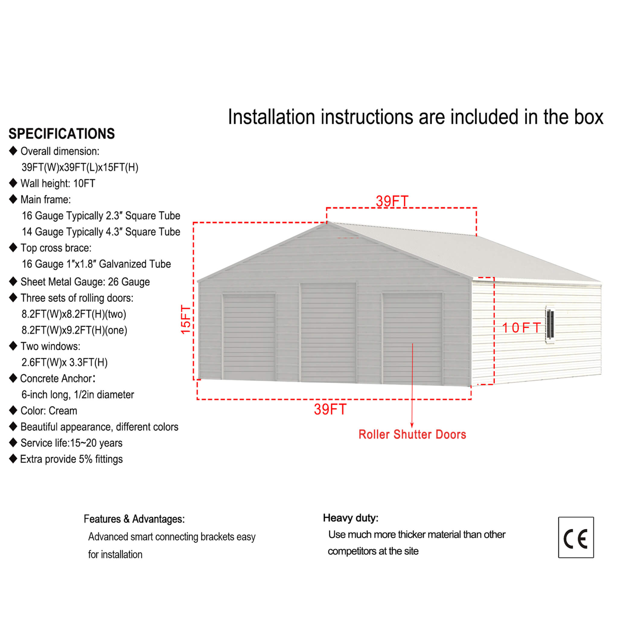 [39X39FT] Extra-Large Heavy-Duty Galvanized Steel Barn Building Shed With 3 Rolling Door Garages (SAK10234)