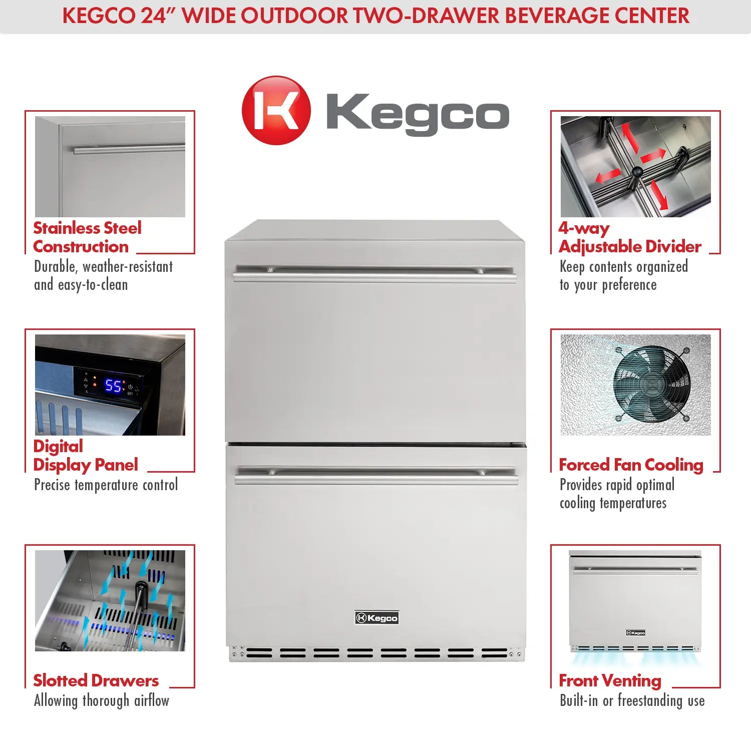 Kegco 24" Wide Built-In Stainless Steel Commercial Two-Drawer Refrigerator-Outdoor