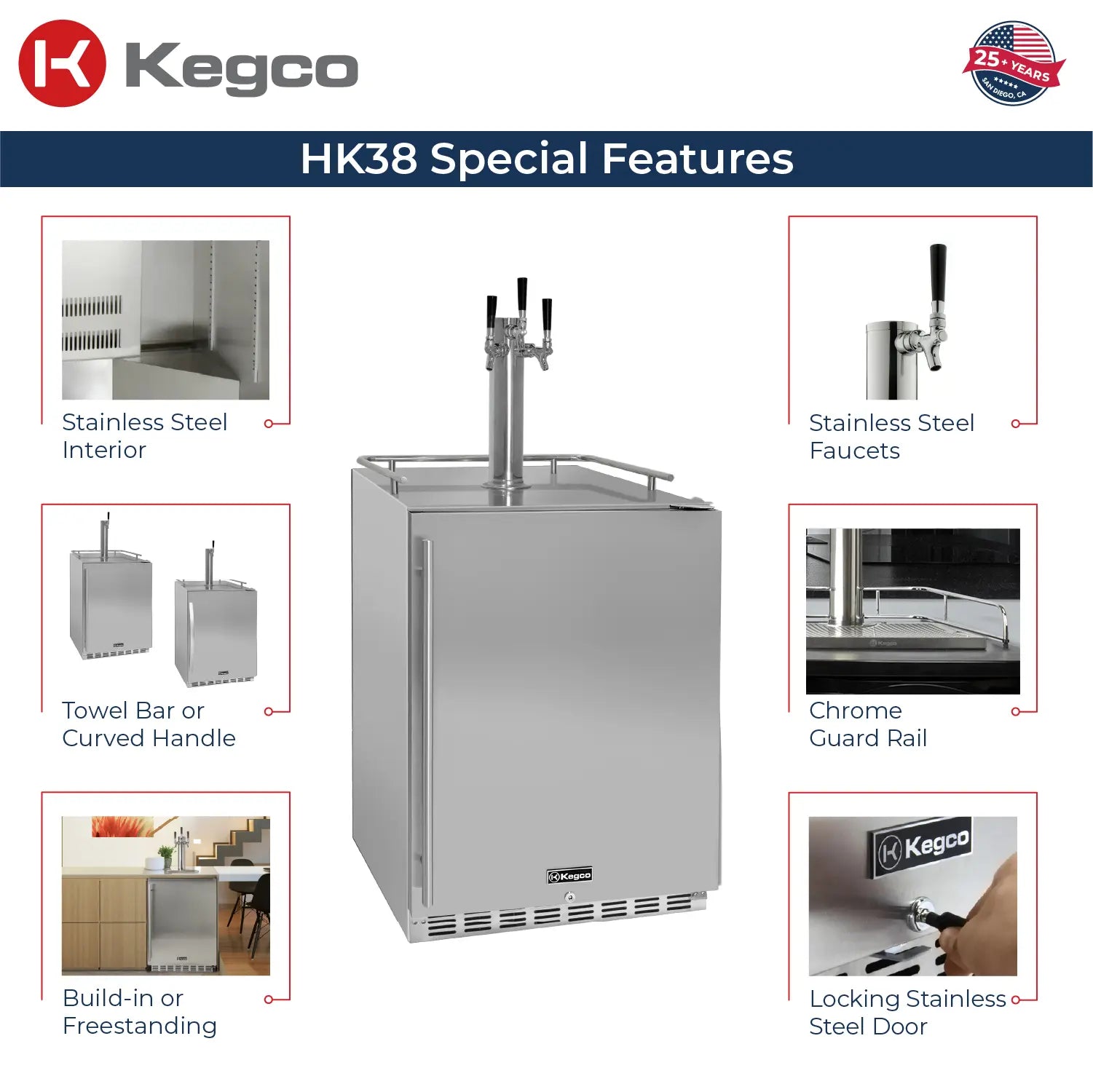 Kegco 24" Wide Triple Tap All Stainless Steel Built-In Right Hinge Kegerator with Kit-Outdoor