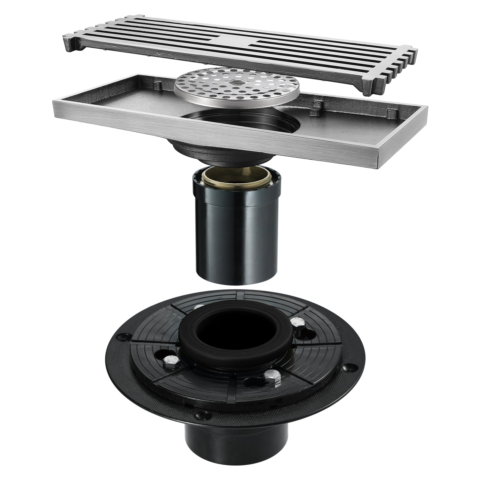 8 Inch Shower Linear Brushed Nickel Drain Rectangular Floor Drain with Accessories Square Hole Pattern Cover Grate Removable Brushed Nickel Brass