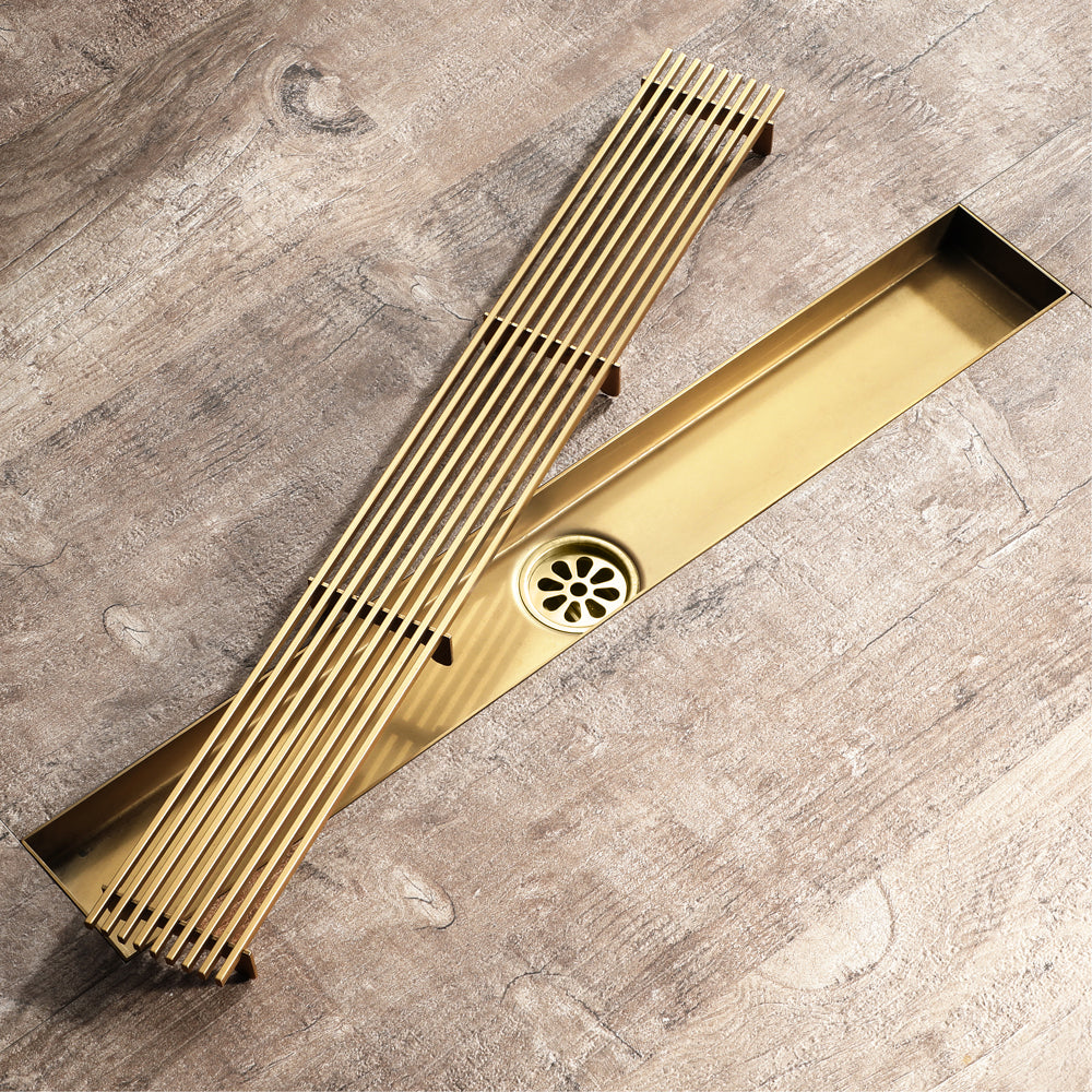 Brushed gold Linear shower drain stainless steel material 35.4 inch with grid cover with hair strainer and adjustment feet