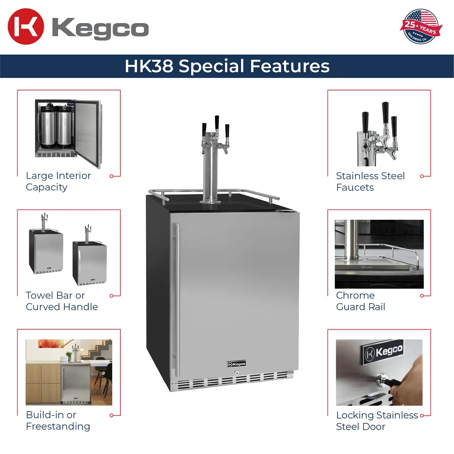 Kegco 24" Wide Cold Brew Coffee Triple Tap Black Commercial Built-In Right Hinge Kegerator-Indoor