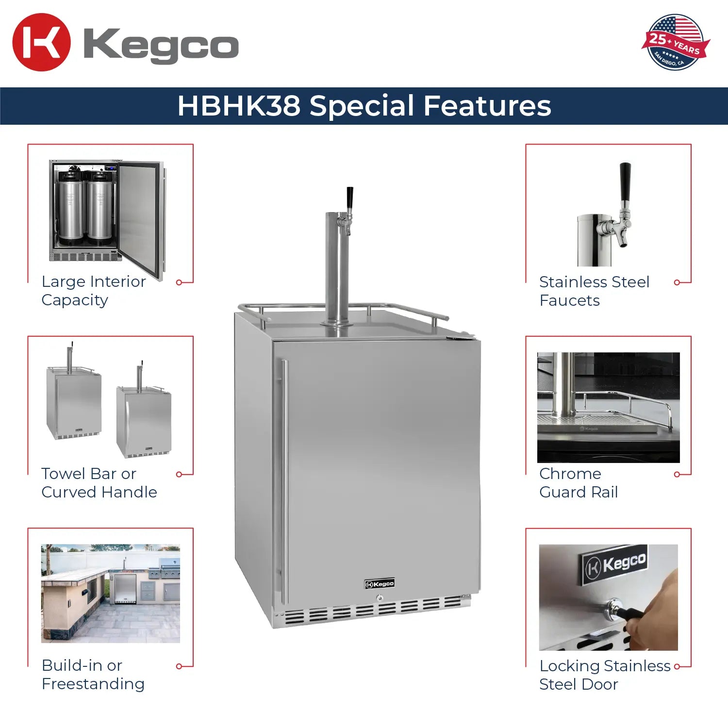 Kegco 24" Wide Homebrew Single Tap All Stainless Steel Built-In Right Hinge Kegerator-Outdoor