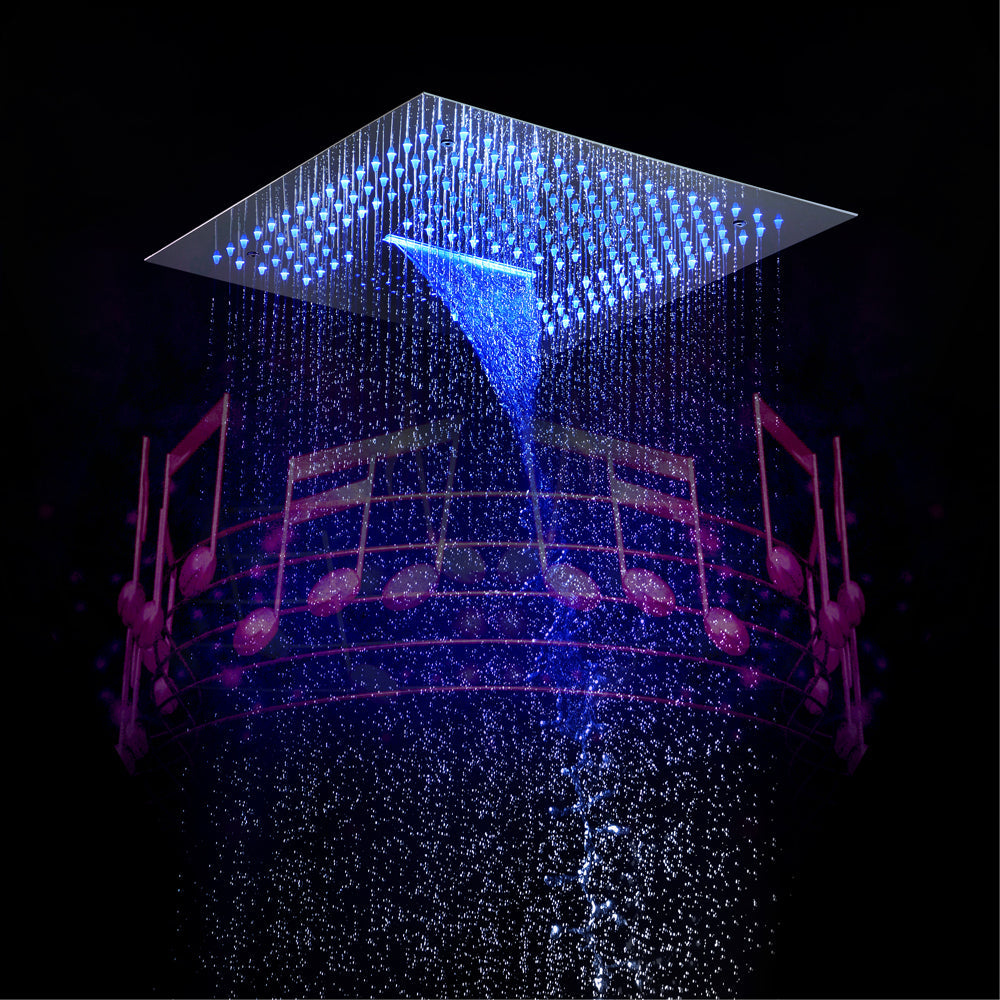 16" LED Chrome/Matte Black/Brushed Gold/Nickel Shower Head with 3-Way Thermostatic Valve, LED Display, 6 Body Jets