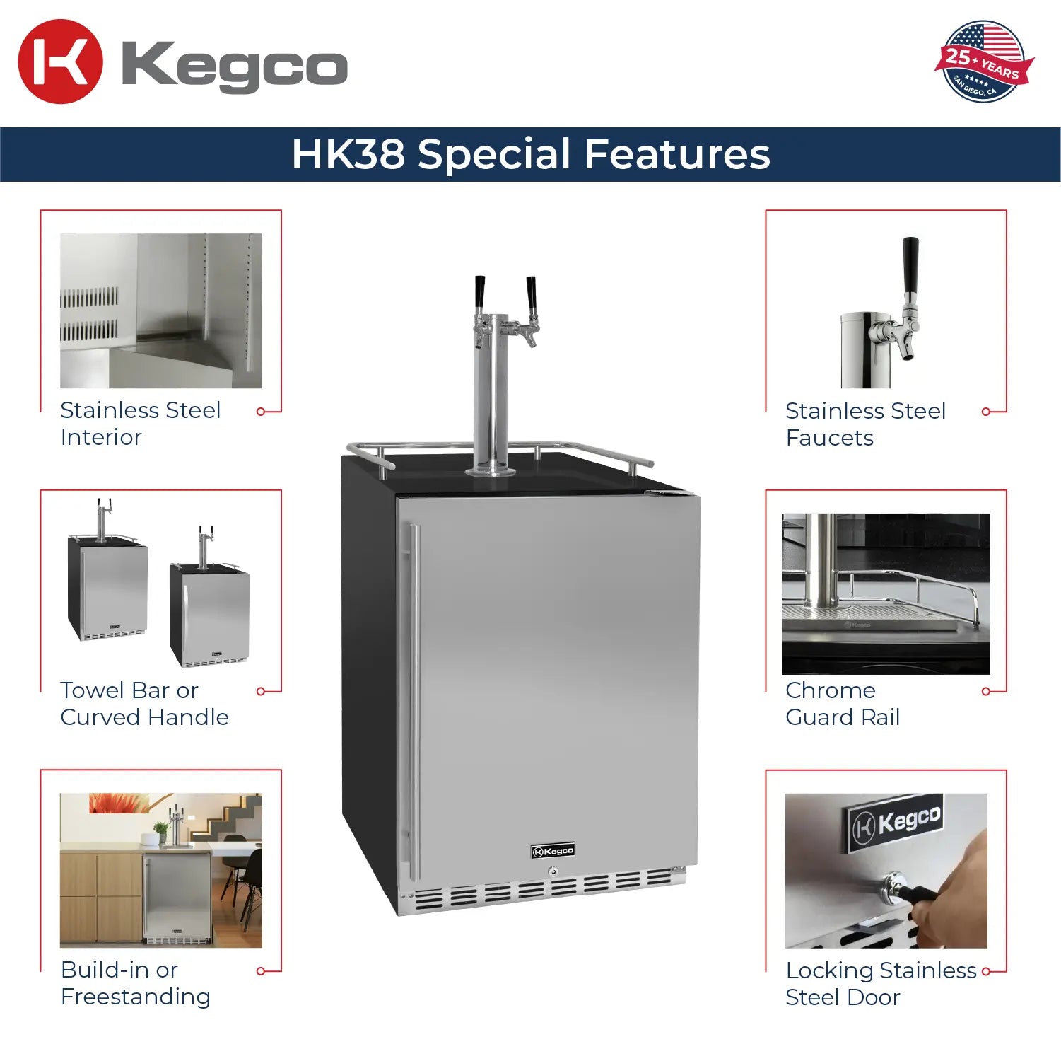 Kegco 24" Wide Dual Tap Stainless Steel Built-In Right Hinge Kegerator with Kit- Indoor
