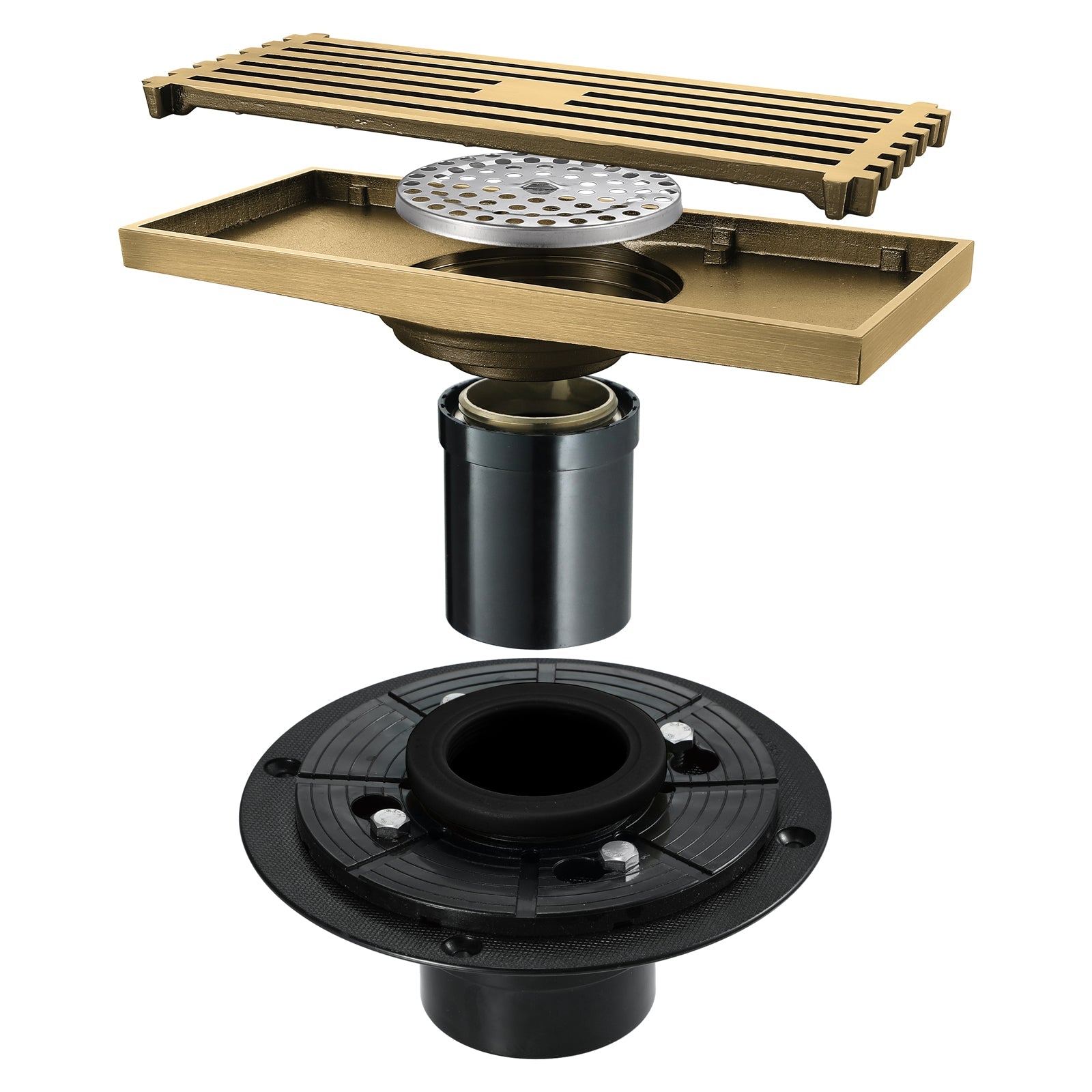 8 x3 Inch or 4 x 4 inch Shower Linear Brushed Gold Drain Rectangular Floor Drain with Accessories Square Hole Pattern Cover Grate Removable  Brushed Gold Brass