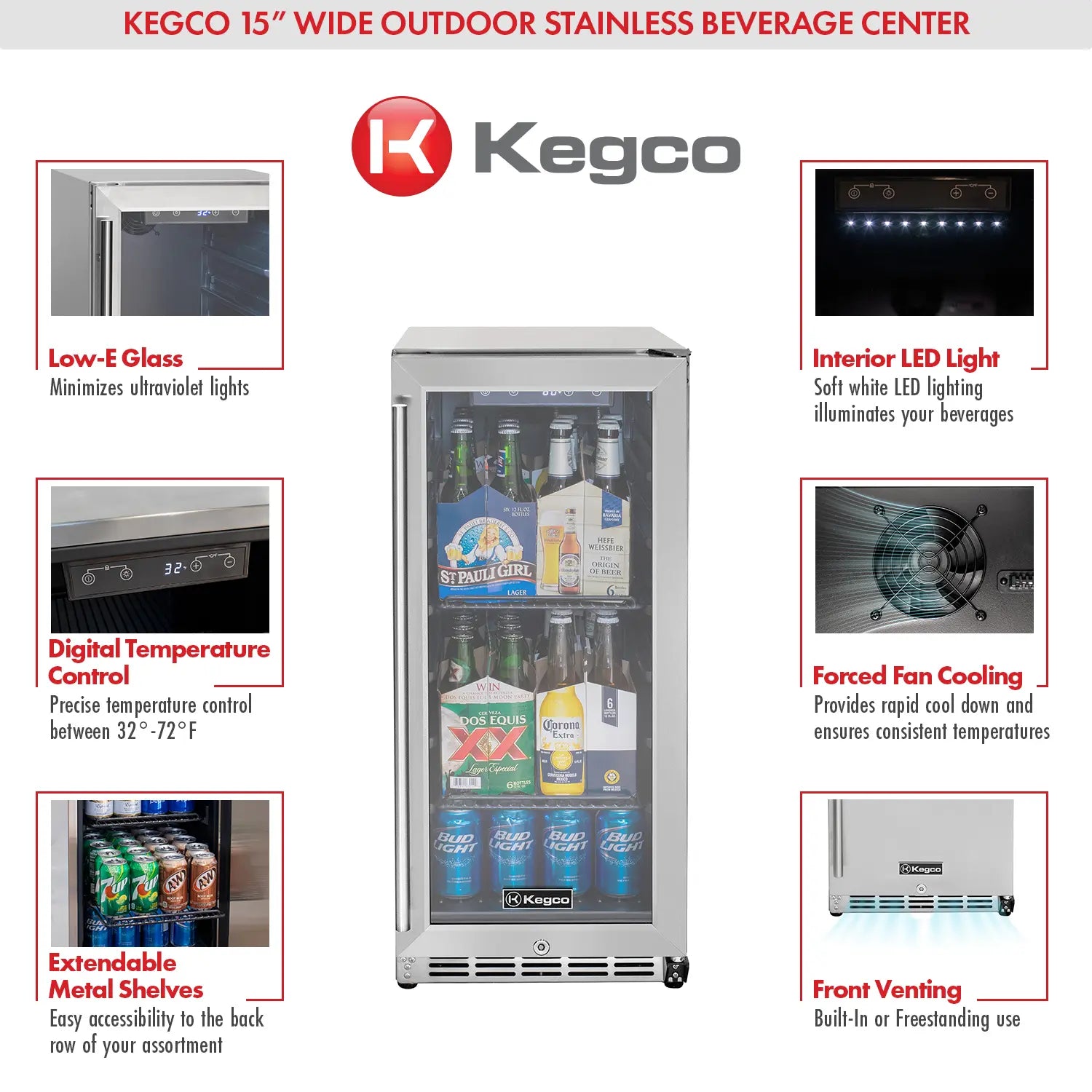 Kegco 15" Wide Outdoor Built-In Commercial Beverage Center Refrigerator- Glass Door