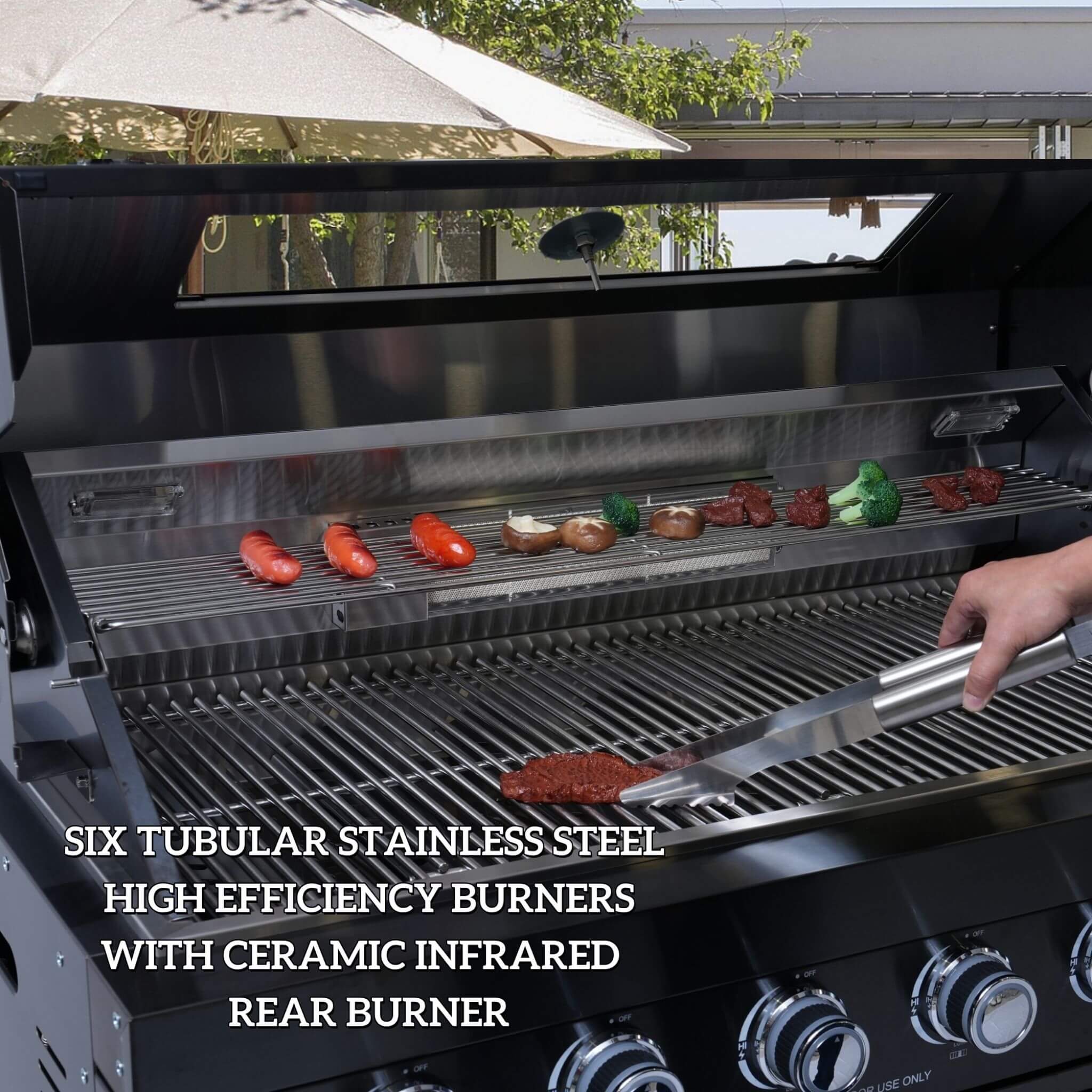Castelle Flame 43-Inch 6-Burner 85K BTU Stainless Steel Outdoor BBQ Kitchen Island Grill With Wine Cooler, Rotisserie, And Sink (SAK19476)