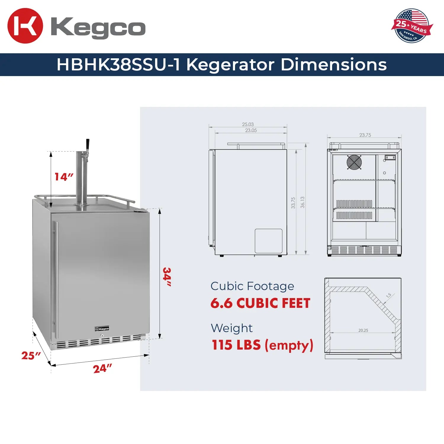 Kegco 24" Wide Homebrew Single Tap All Stainless Steel Built-In Right Hinge Kegerator-Outdoor