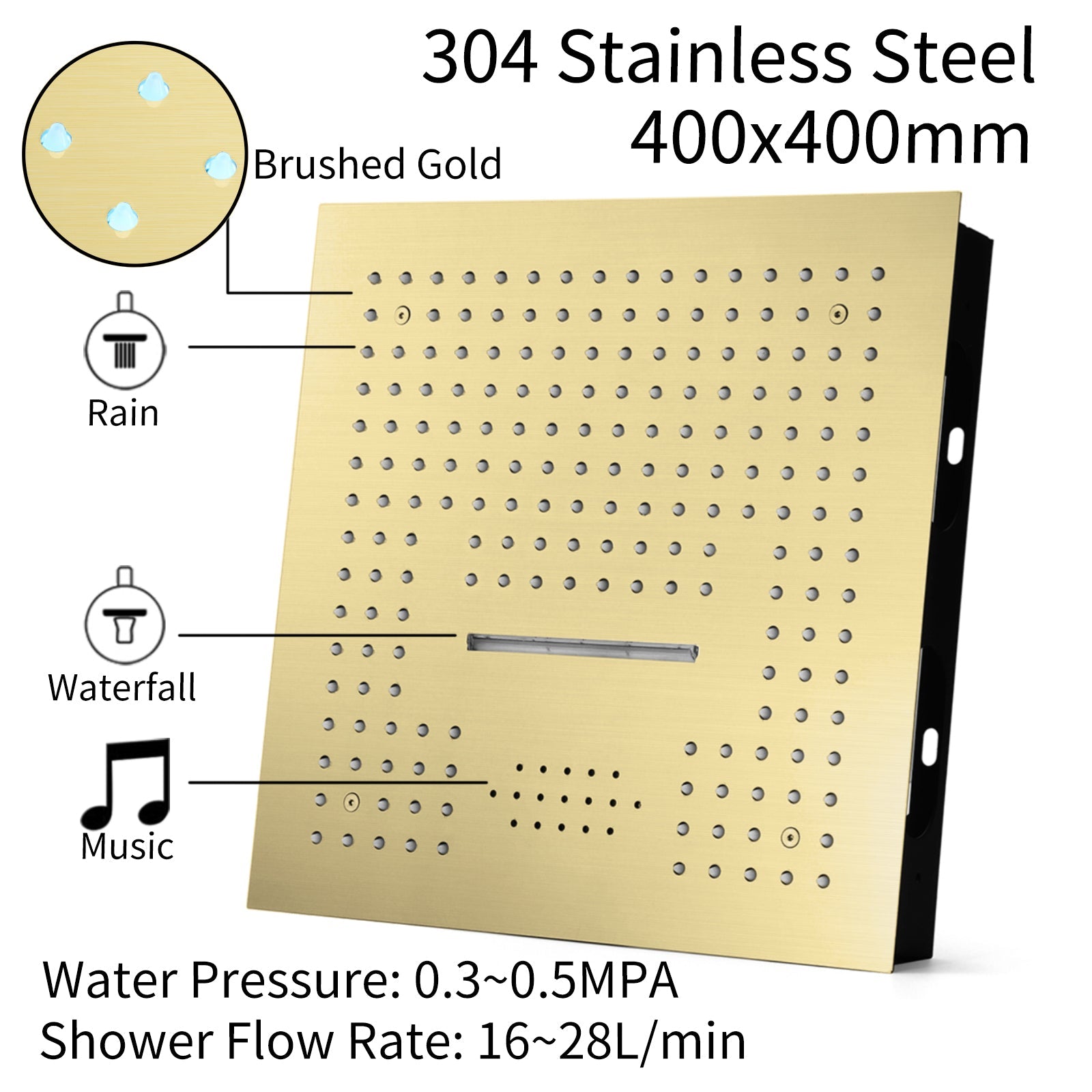 16" LED Chrome/Matte Black/Brushed Gold/Nickel Shower Head with 3-Way Thermostatic Valve, LED Display, 6 Body Jets