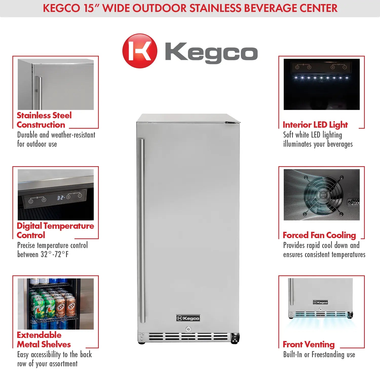 Kegco 15" Wide Outdoor Built-In Commercial Beverage Center Refrigerator- Solid Door