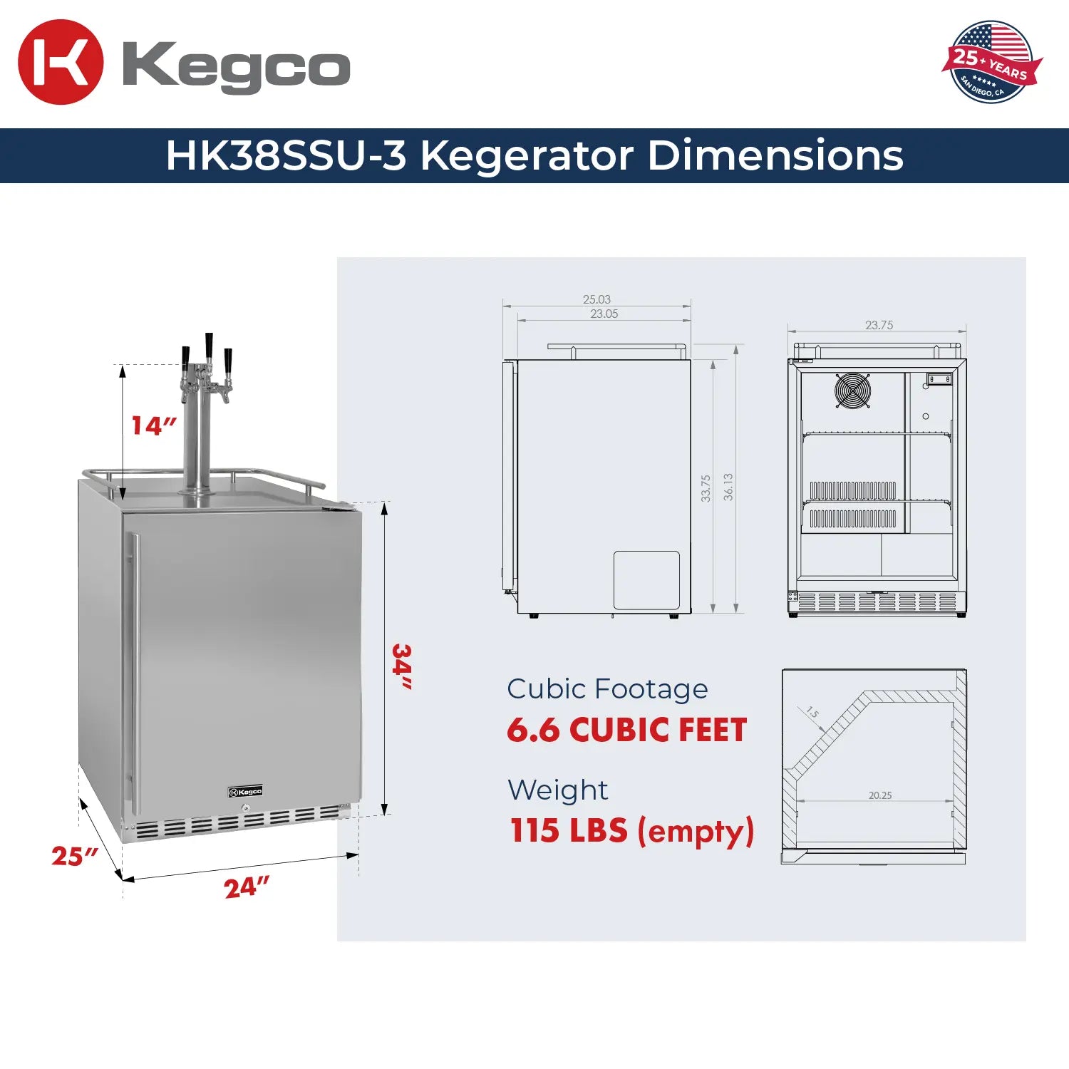 Kegco 24" Wide Triple Tap All Stainless Steel Built-In Right Hinge Kegerator with Kit-Outdoor
