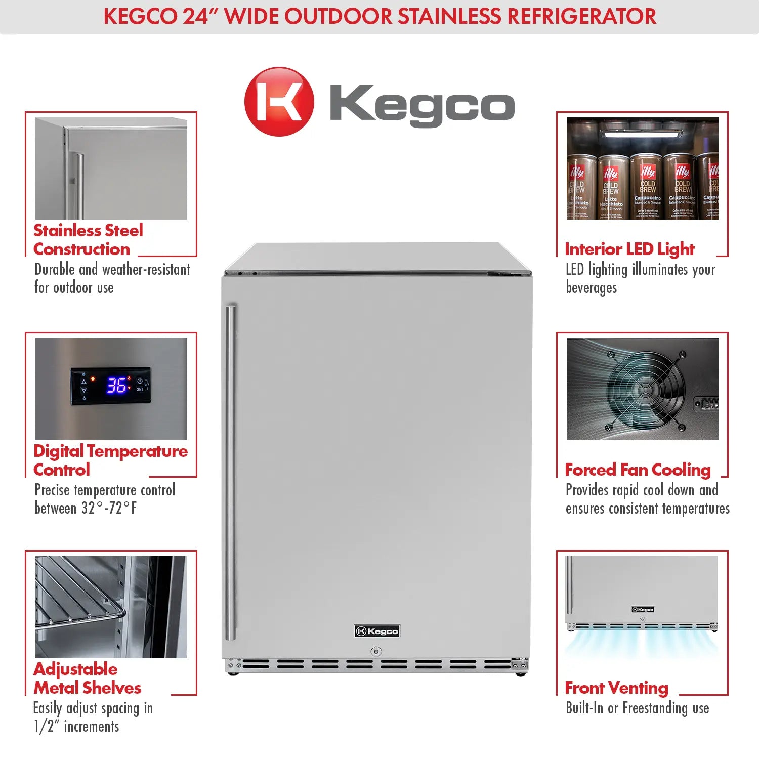 Kegco 24" Wide Outdoor All Stainless Steel Commercial Built-In Refrigerator