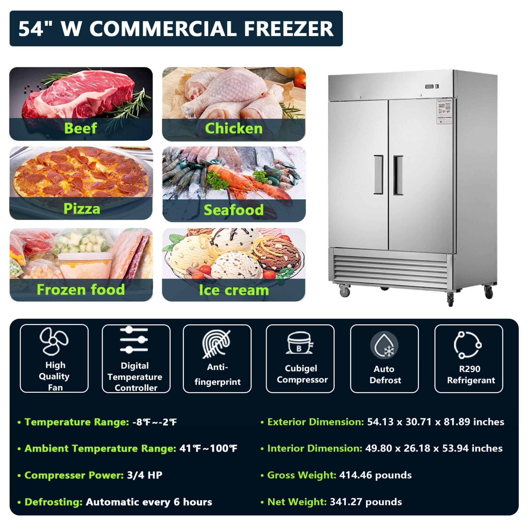 54-Inch 42.2 Cu.Ft Commercial Stainless Steel 2-Section Upright Reach-In Freezer (SAK35148)