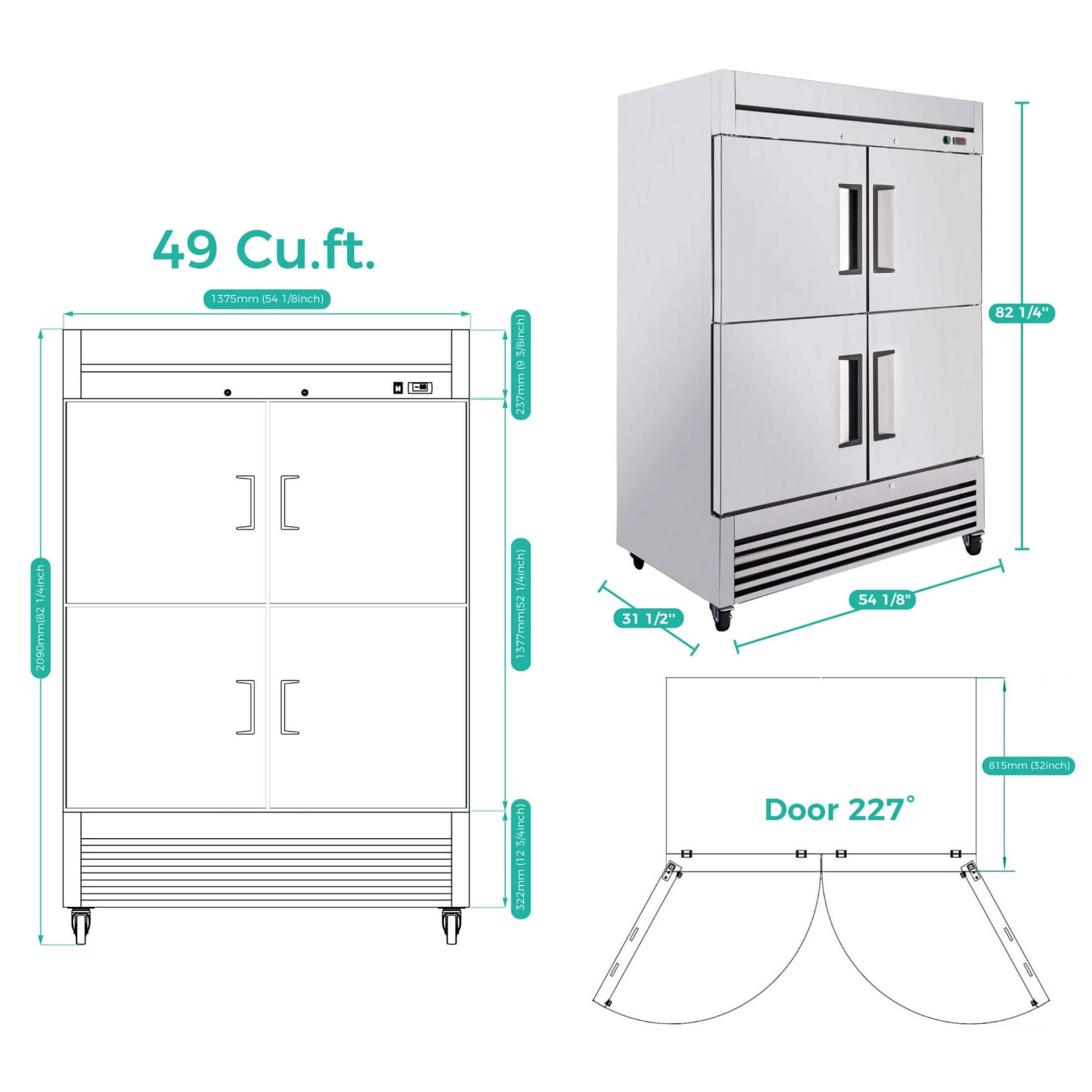 54-Inch 49 Cu.Ft Commercial 6-Shelves Stainless Steel Reach-In Freezer (SAK10247)
