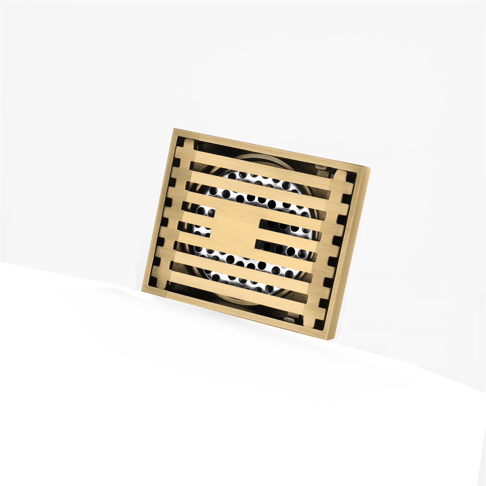 8 x3 Inch or 4 x 4 inch Shower Linear Brushed Gold Drain Rectangular Floor Drain with Accessories Square Hole Pattern Cover Grate Removable  Brushed Gold Brass