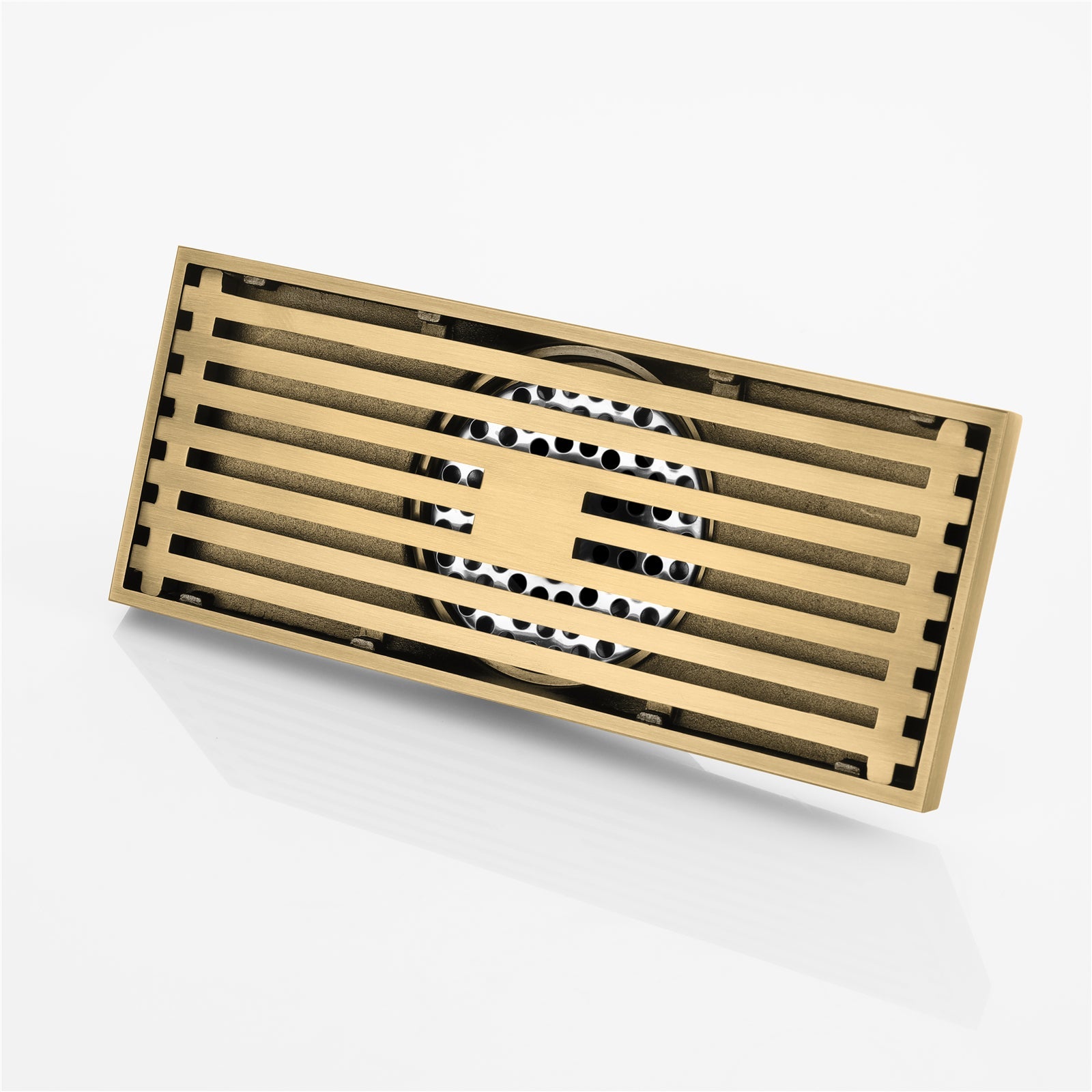 8 x3 Inch or 4 x 4 inch Shower Linear Brushed Gold Drain Rectangular Floor Drain with Accessories Square Hole Pattern Cover Grate Removable  Brushed Gold Brass